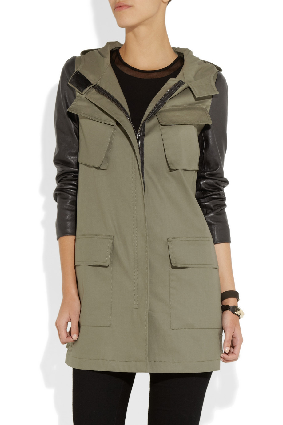 DKNY Leathersleeved Twill Parka in Army (Green) Lyst