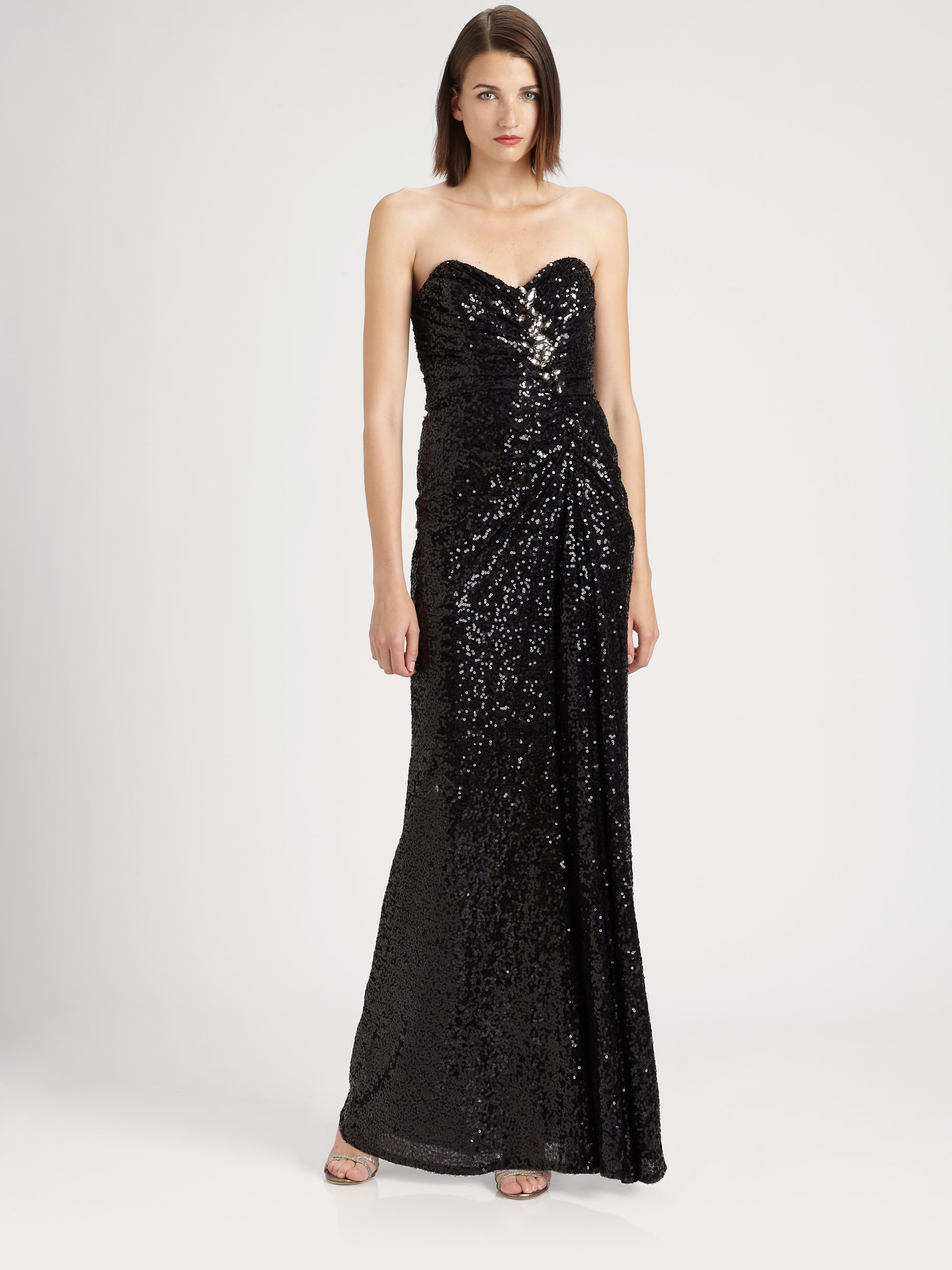 badgley mischka black strapless lace gown