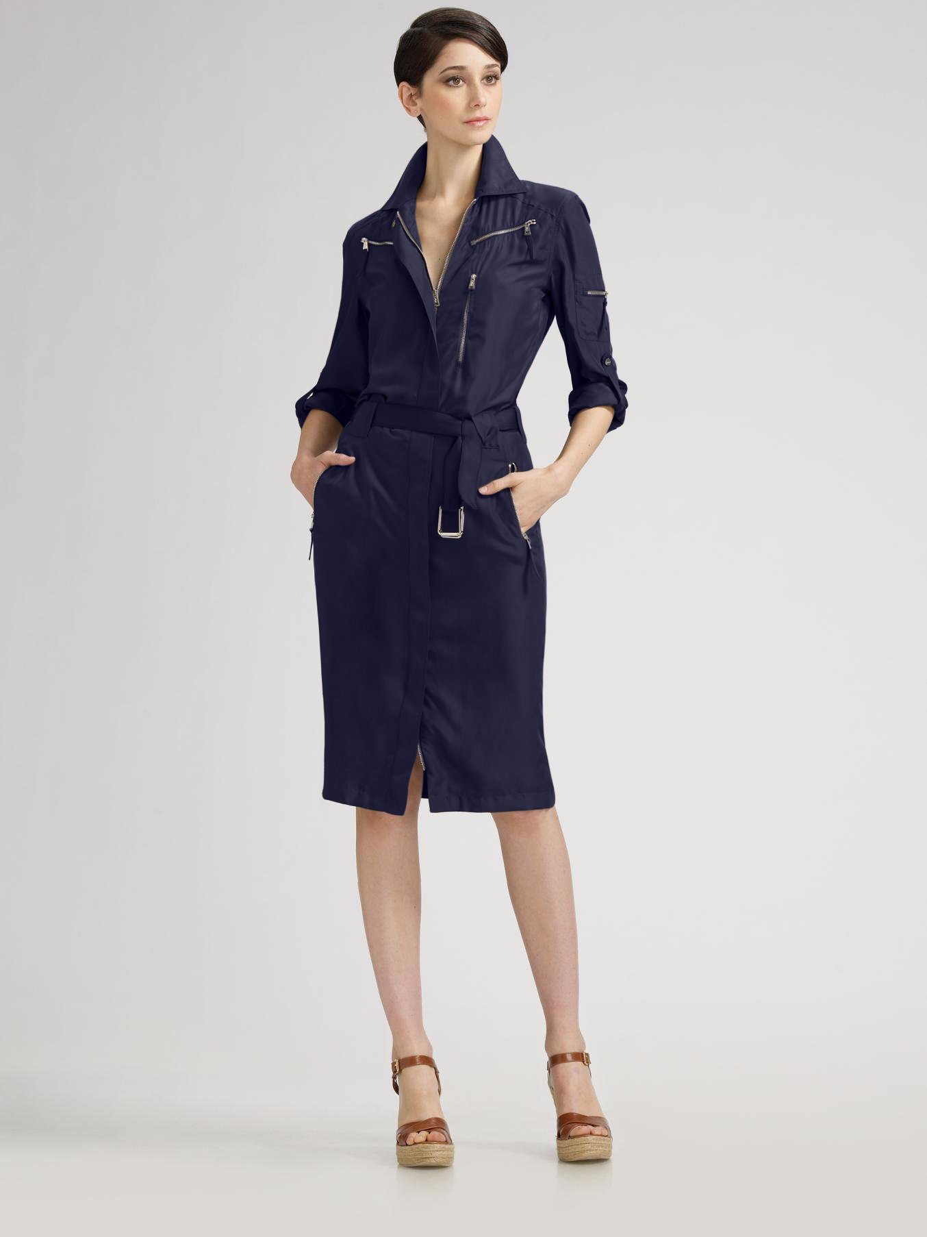 navy silk shirt dress