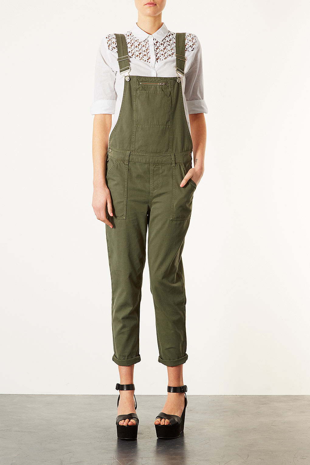 Topshop Khaki Washed Dungaree in Green | Lyst