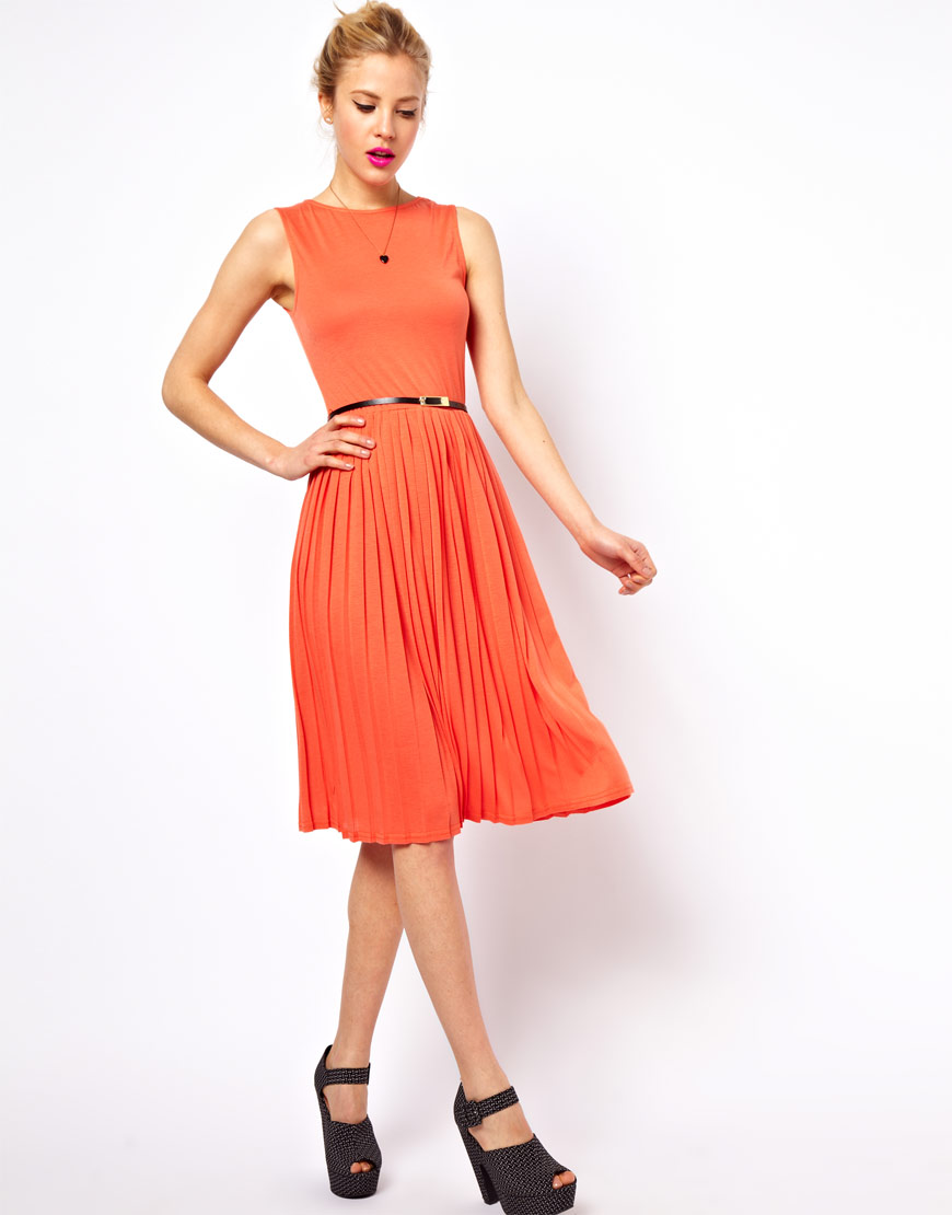 orange pleated midi dress