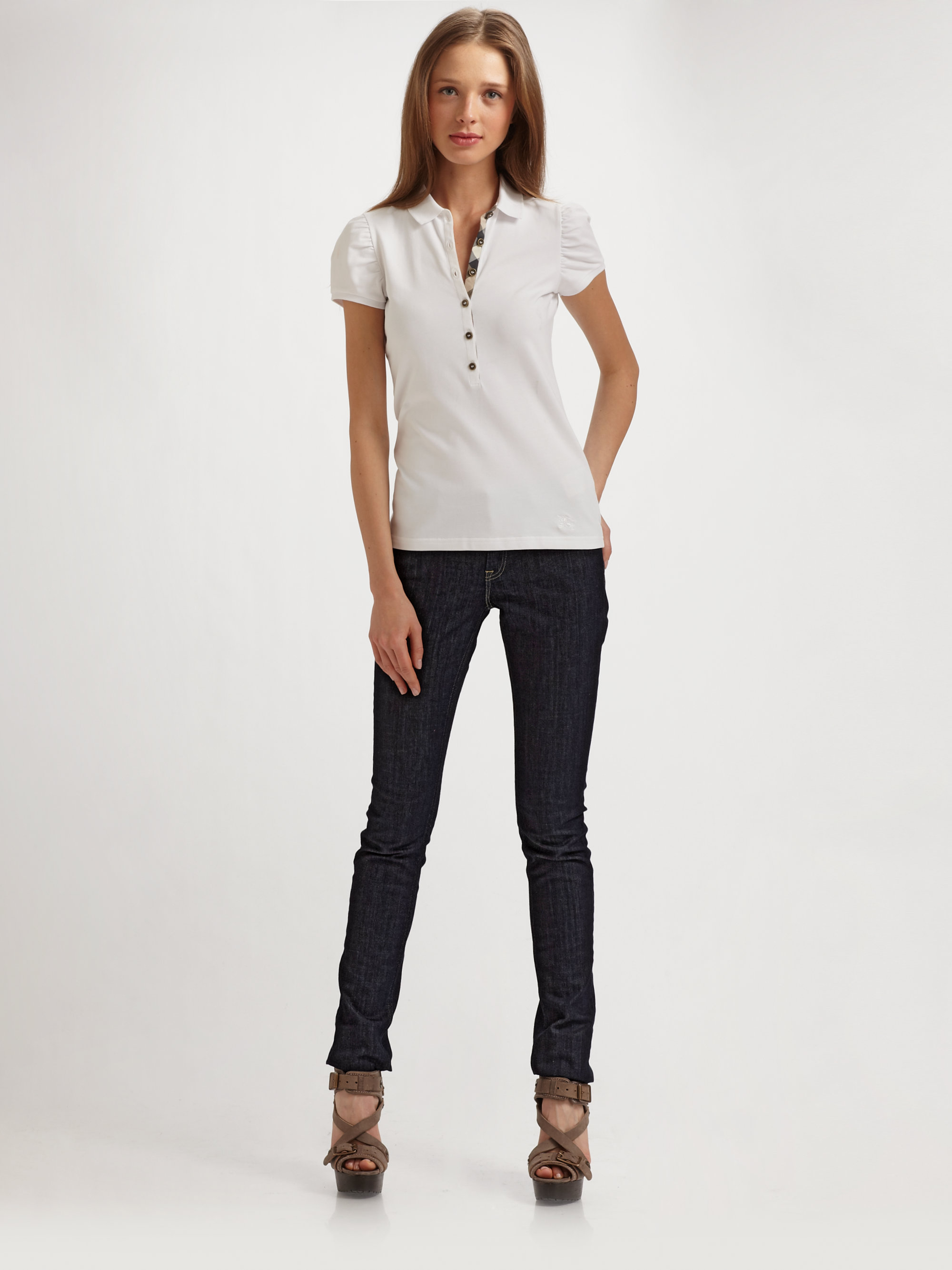 Burberry Brit Puff Sleeve Polo in White | Lyst