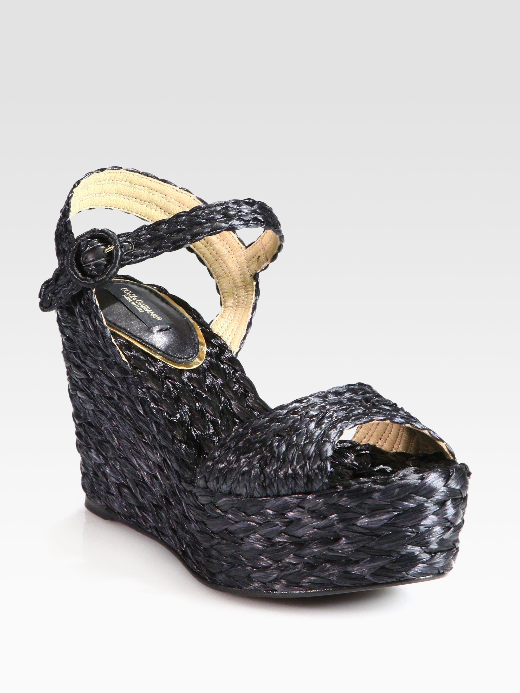 Dolce & Gabbana Raffia Wedge Sandals in Black Lyst