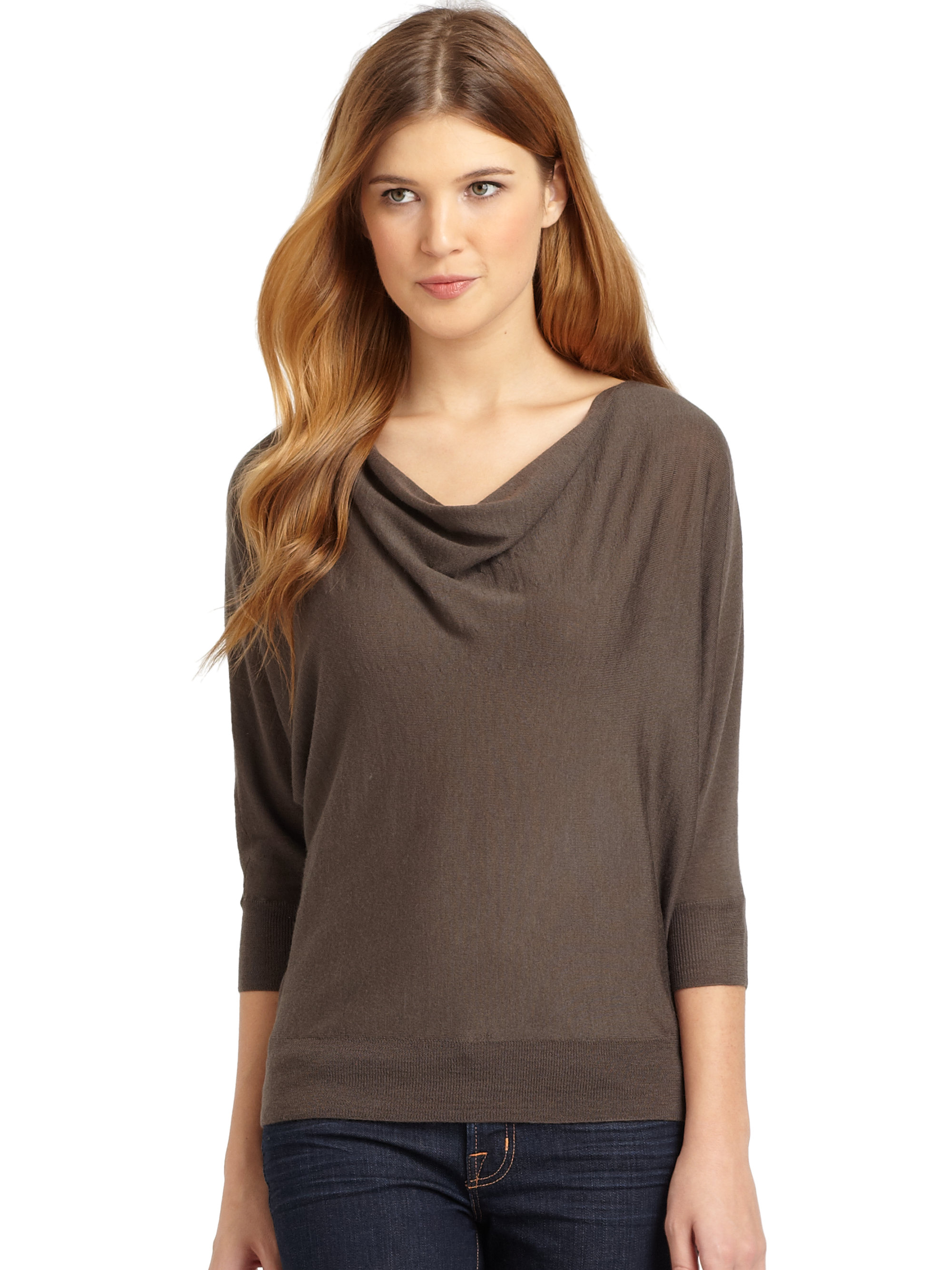 Eileen Fisher Merino Wool Drape Neck Top In Brown Lyst