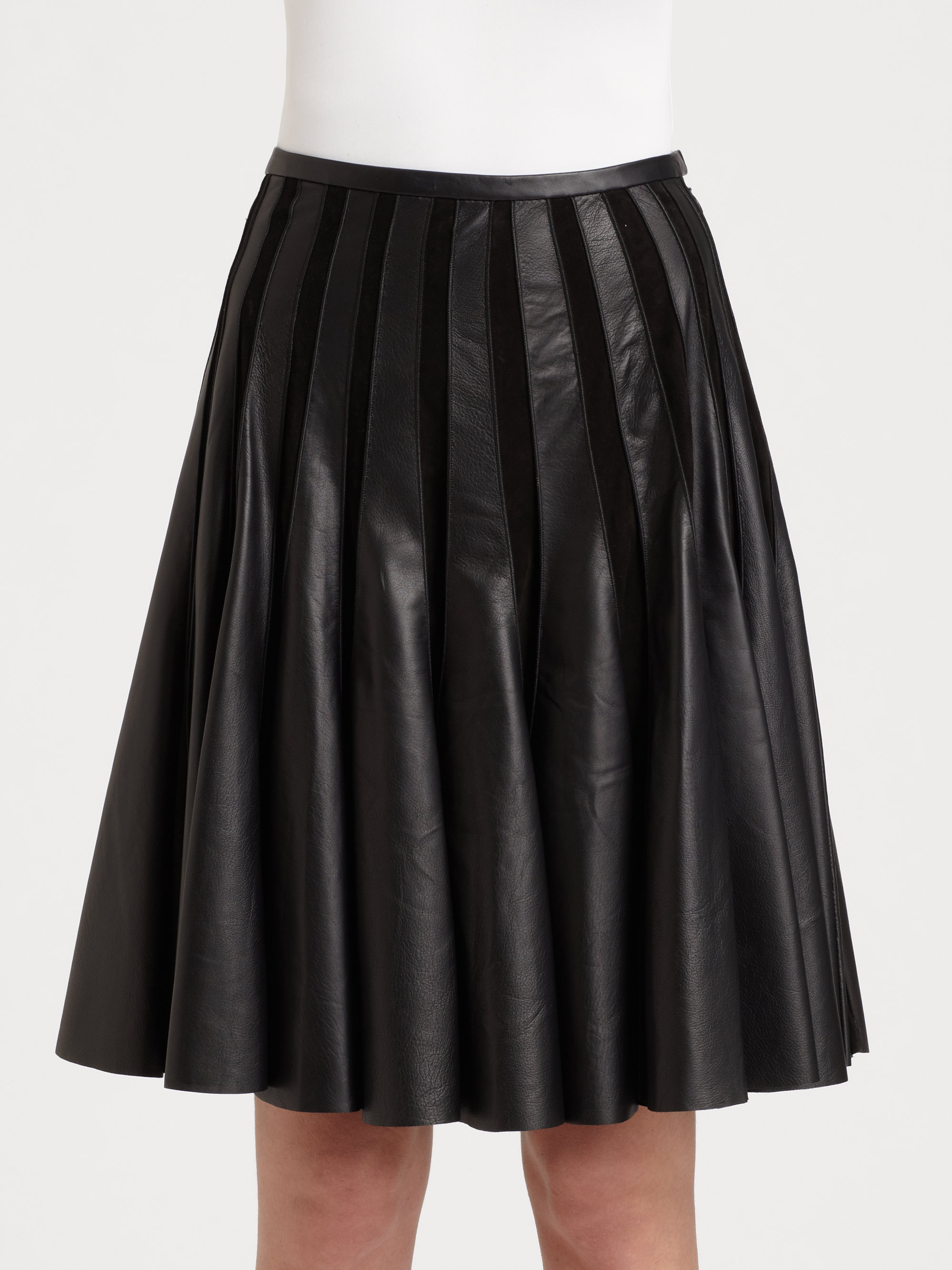 Jason Wu Leather Suede Pleated Skirt in Black | Lyst