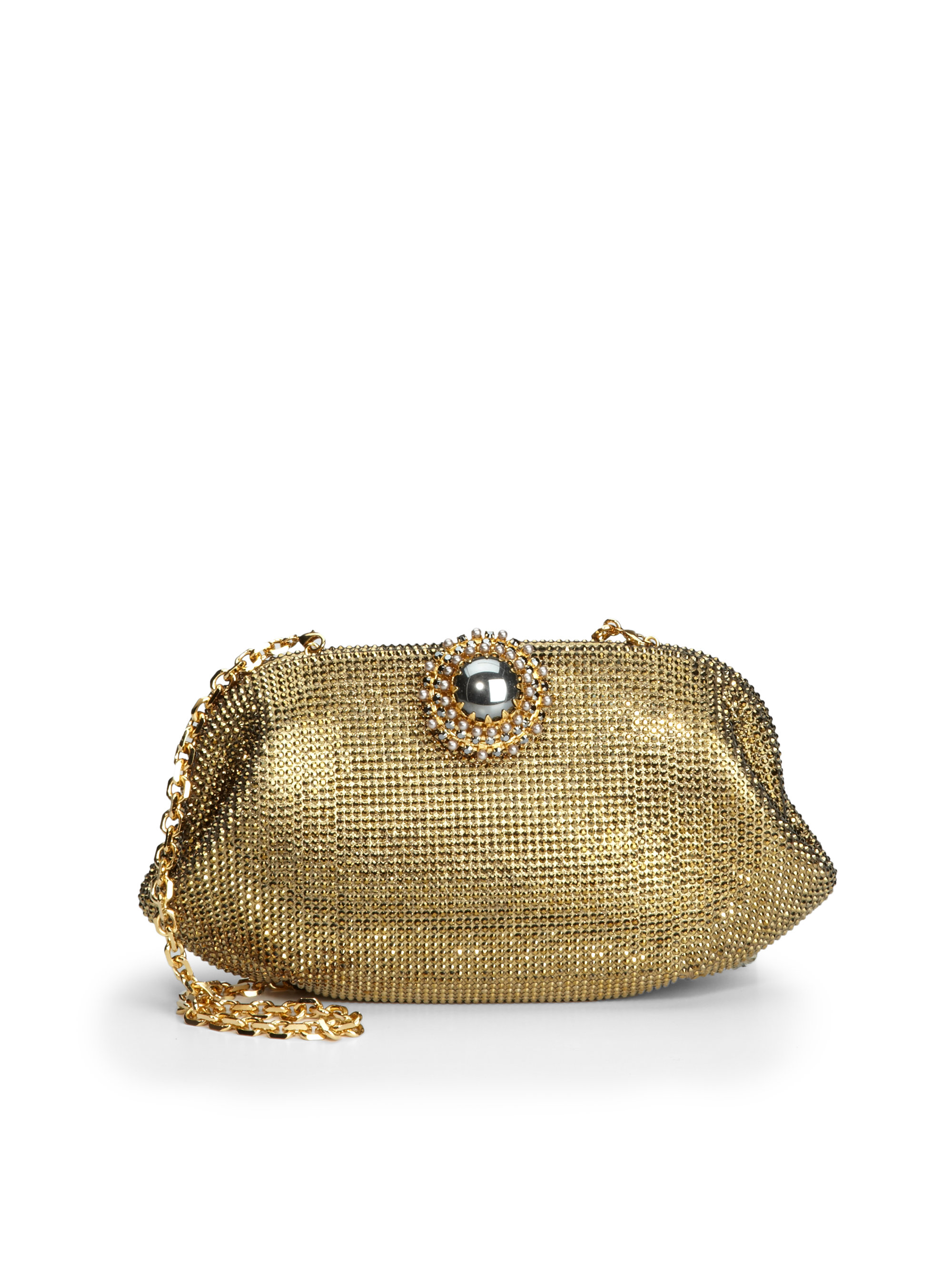 Judith Leiber Yasmin Crystal Studded Patent Leather Clutch in Natural ...