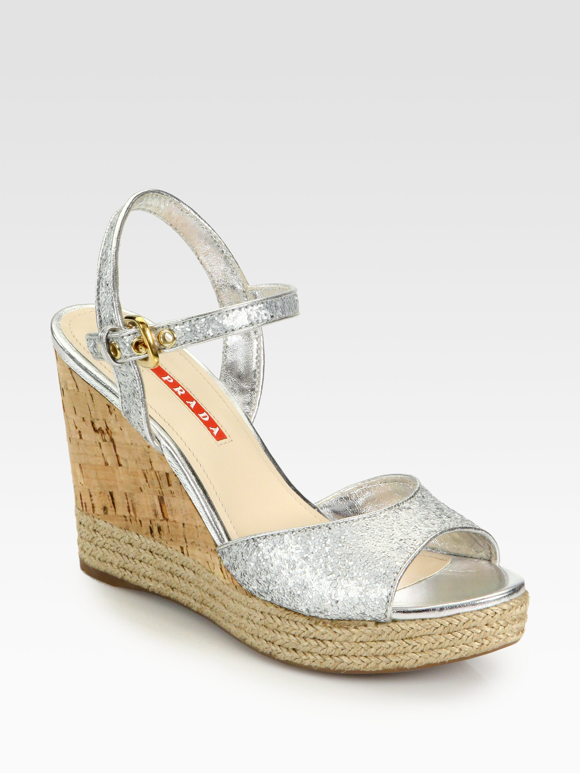 Prada Glitter Cork Wedge Sandals in Metallic - Lyst