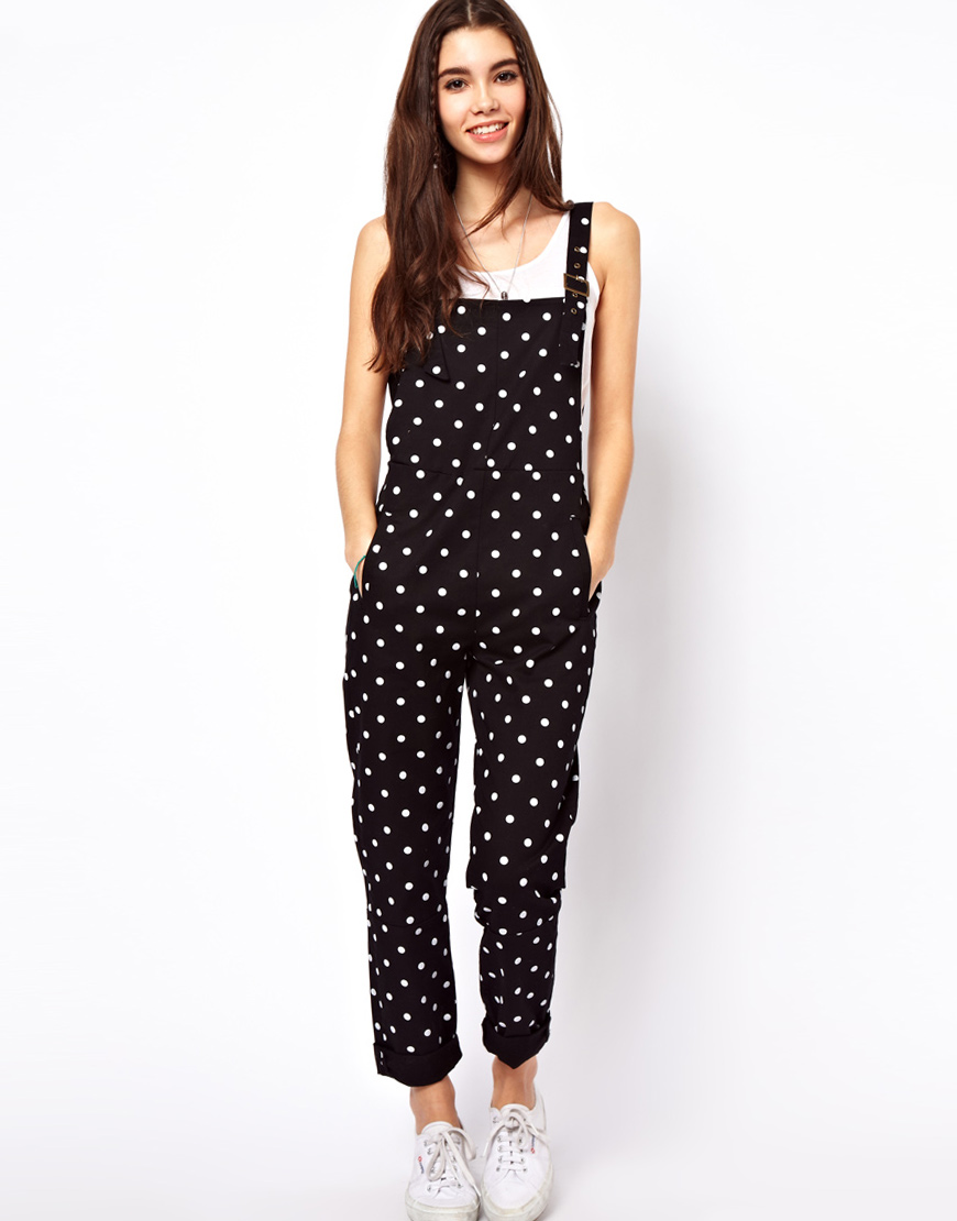 black and white polka dot dungarees
