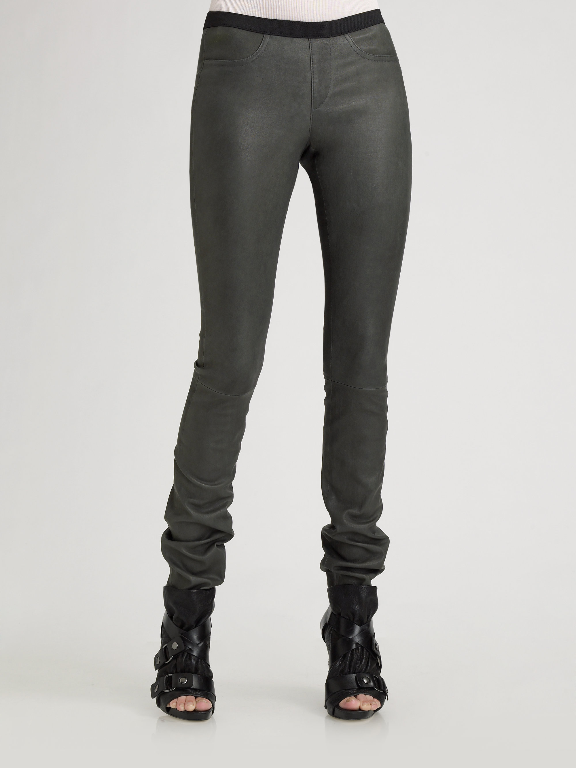 Helmut Lang Stretch Leather Leggings in Grey (Gray) - Lyst
