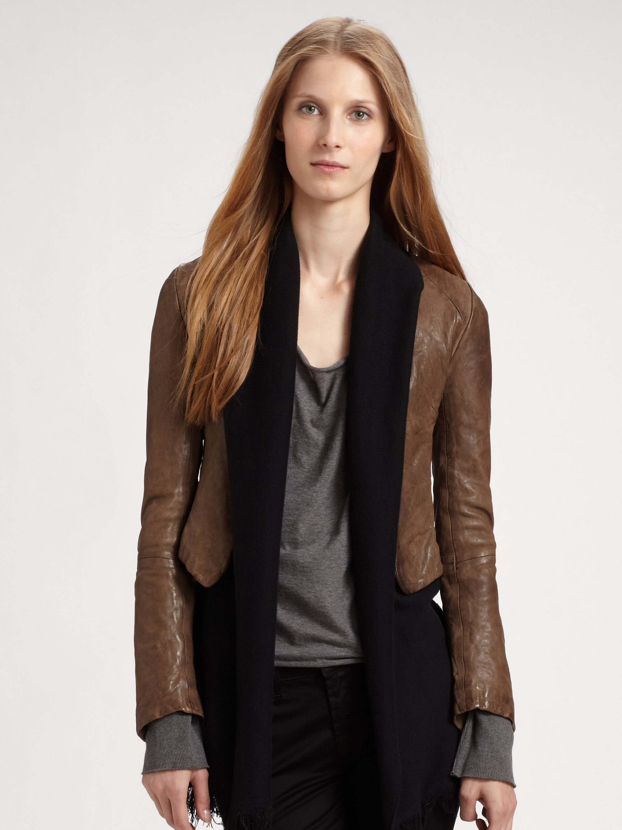 Improvd Leather Jacket with Scarf in Brown - Lyst