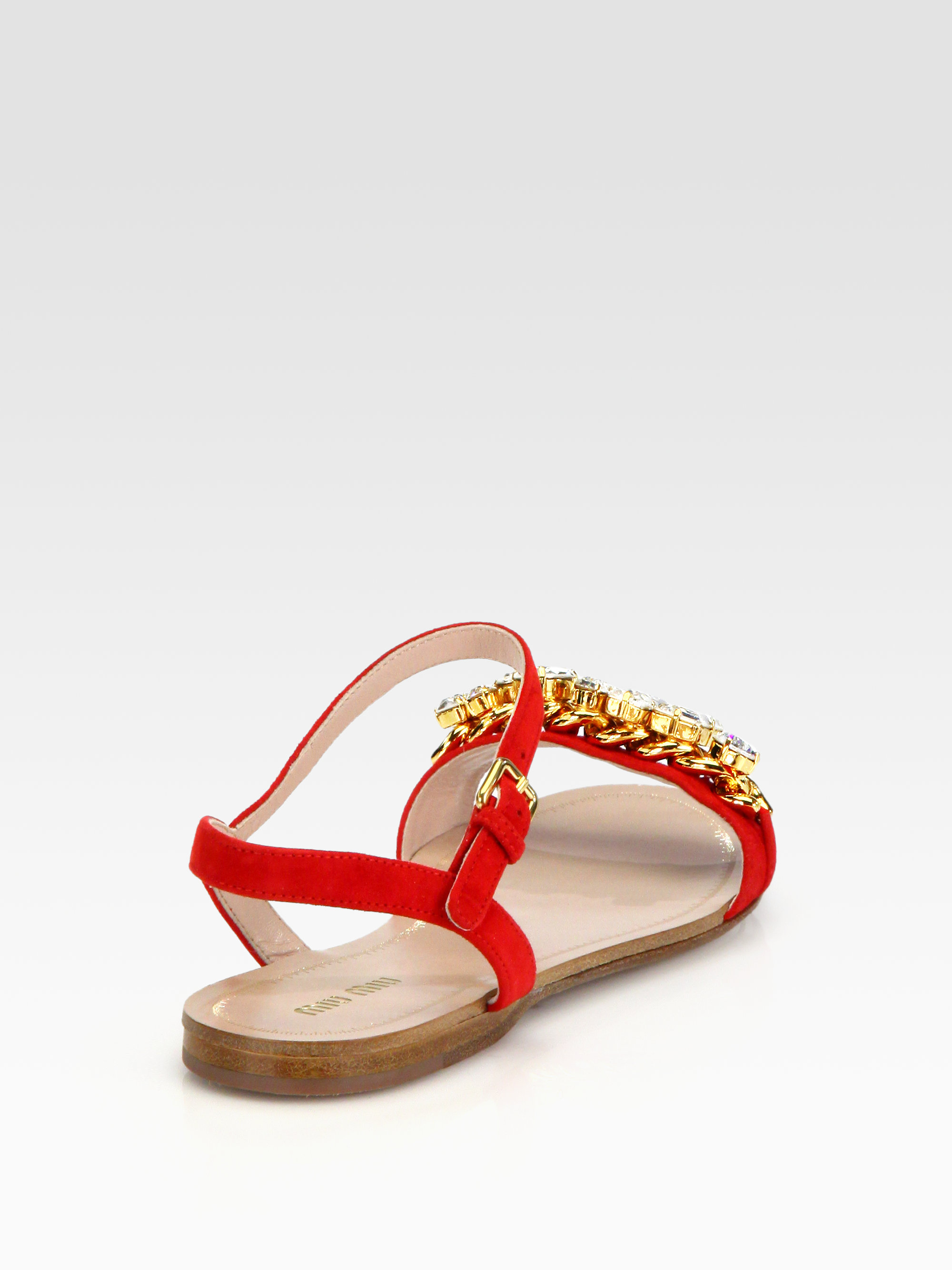 Miu Miu Jeweled Suede Sandals in Red - Lyst
