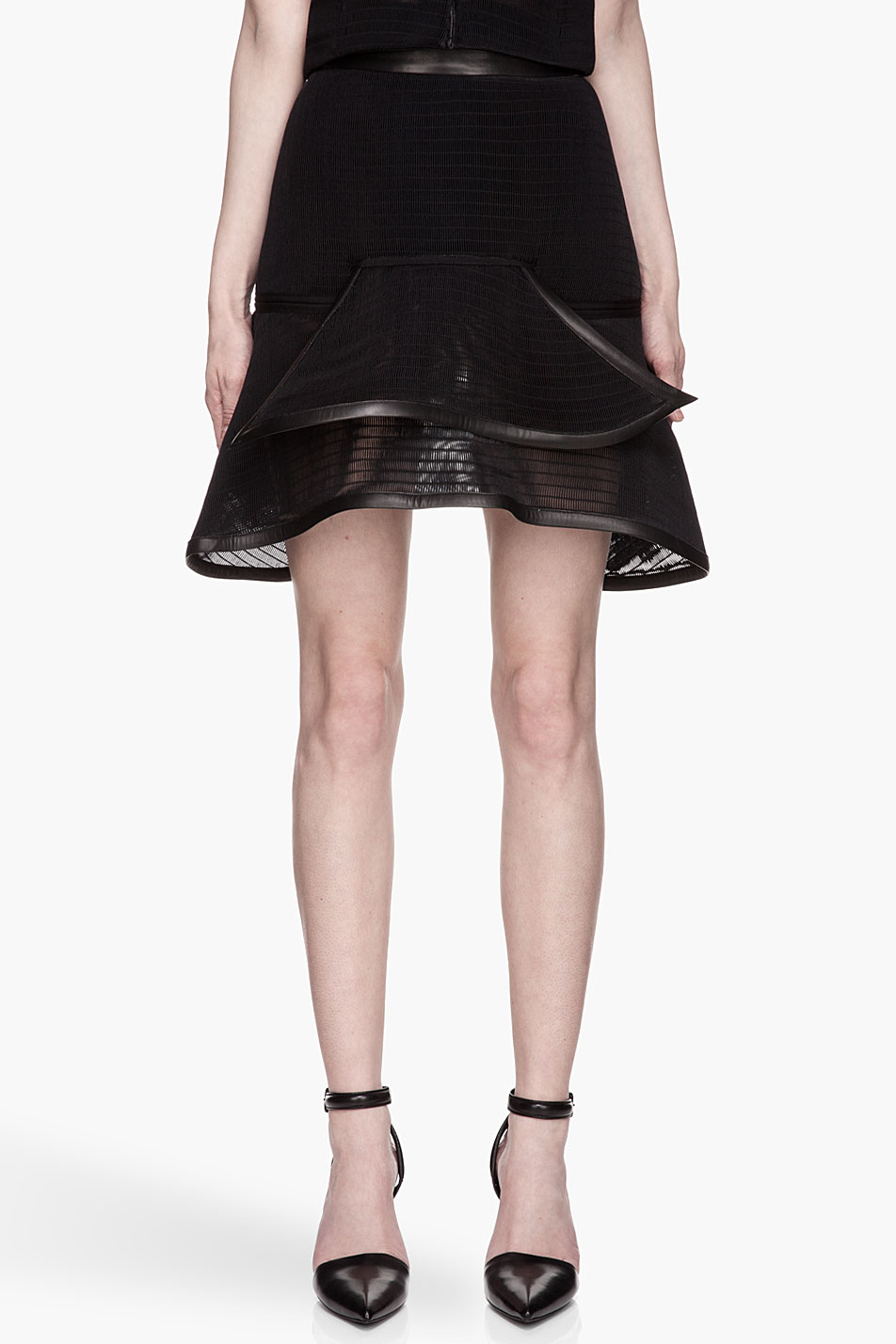 Lyst - Mugler Black Net and Leather A-Line Mini-Skirt in Black