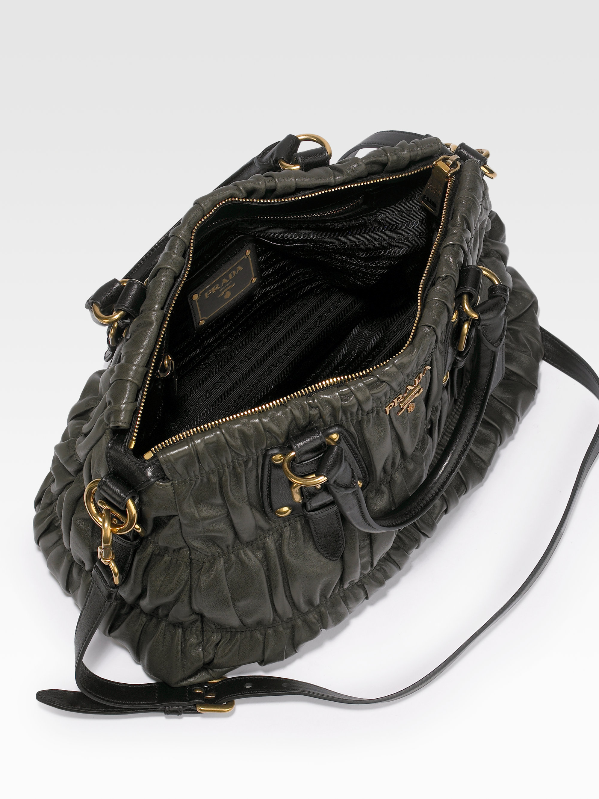 Prada Nappa Gaufre Ruched Leather Top Handle Bag in Military (Brown) Lyst