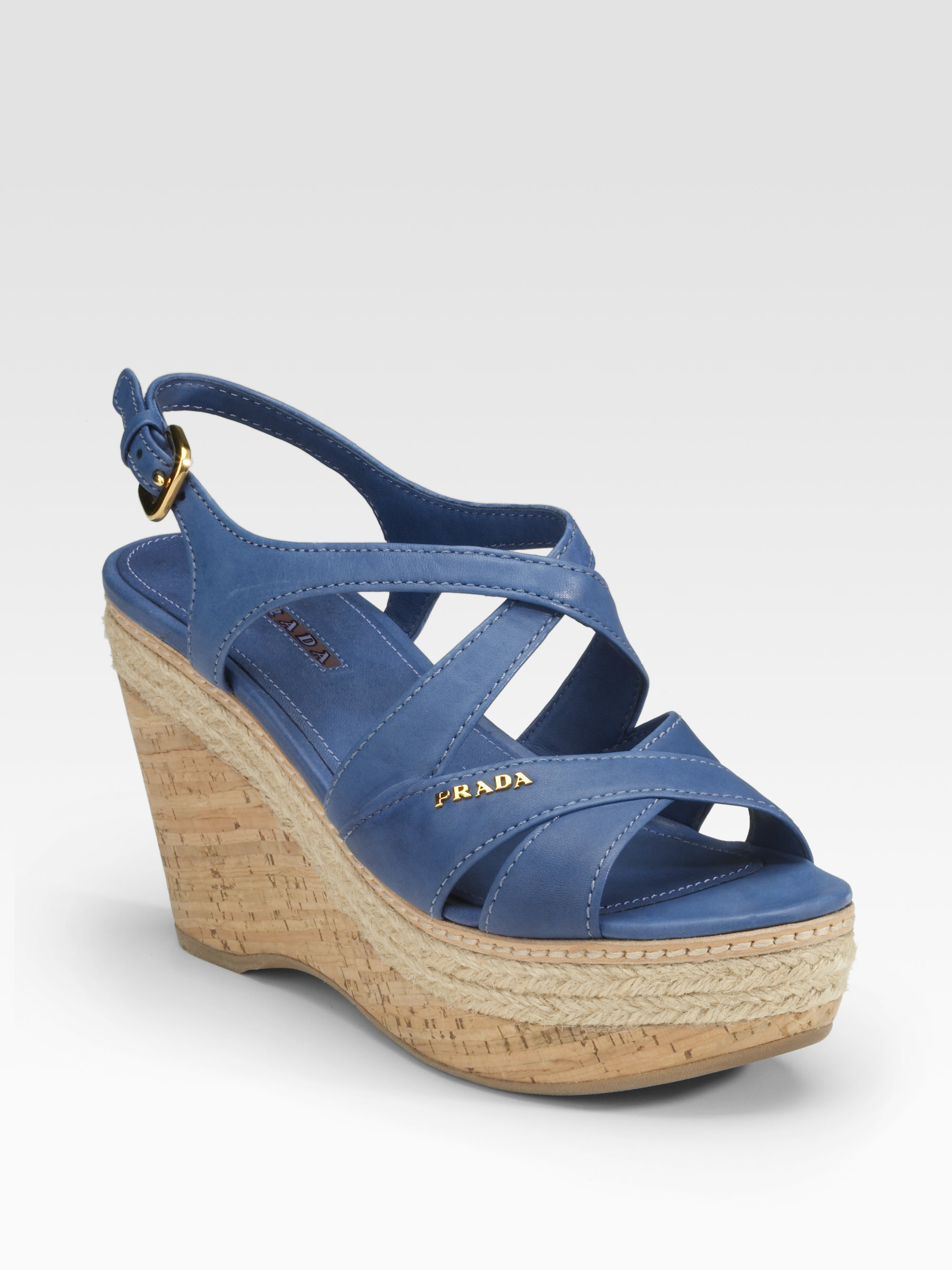 Prada Cork Wedge Sandals in Natural (Blue) - Lyst