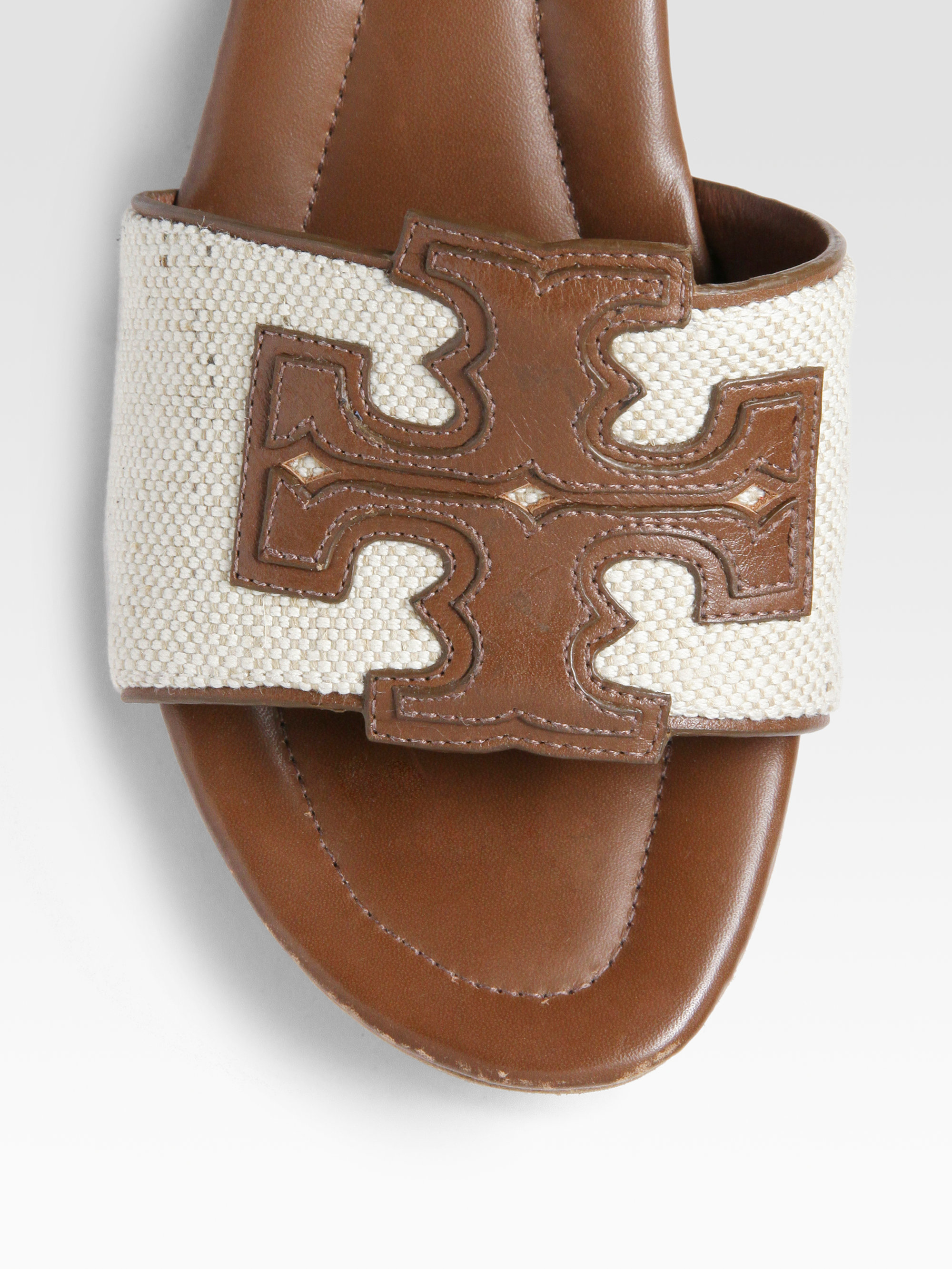 Tory Burch Terri Canvas Leather Slide Sandals in Almond (Natural) - Lyst