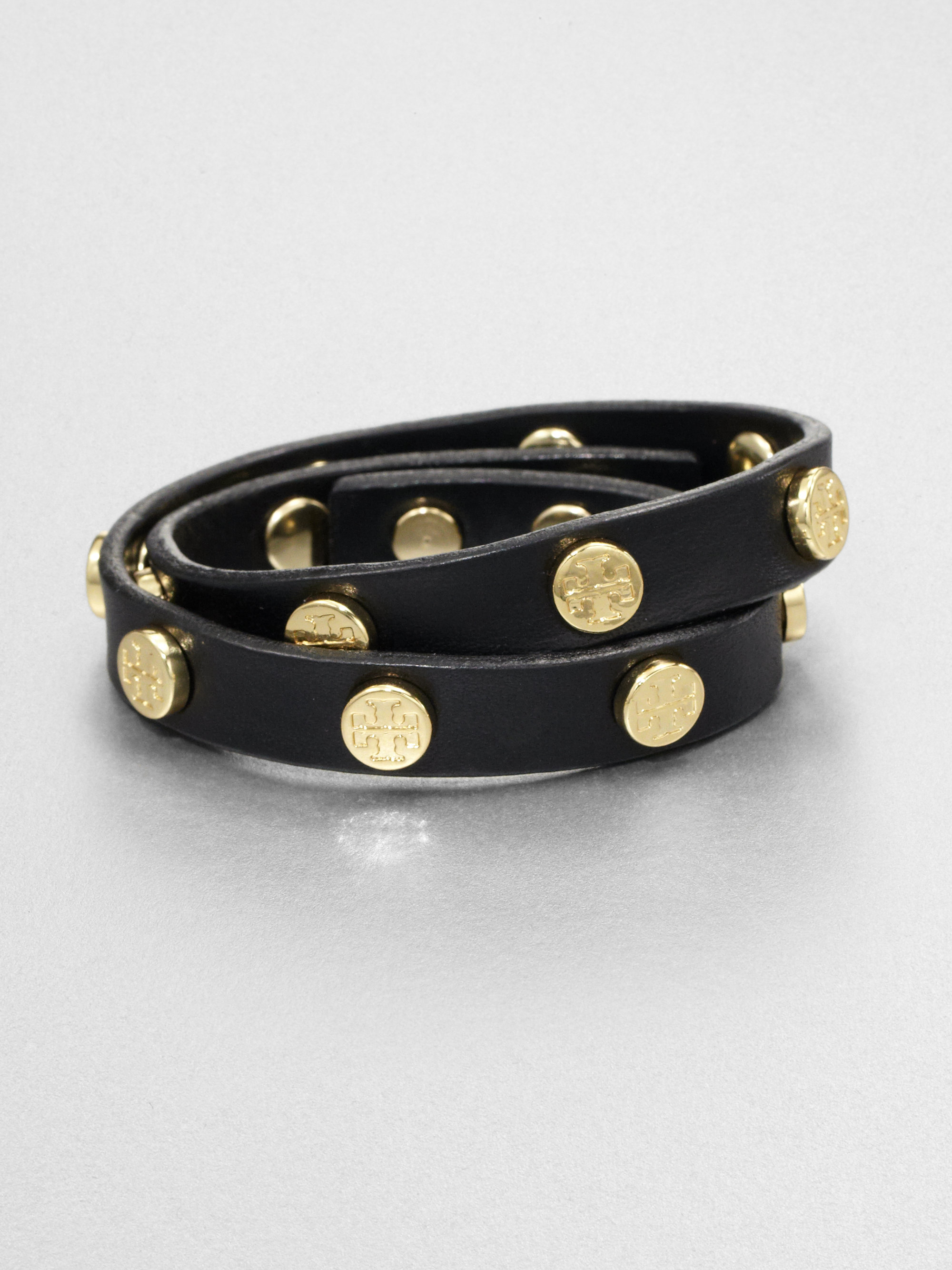 Tory burch Logo Stud Leather Double-wrap Bracelet in Black | Lyst