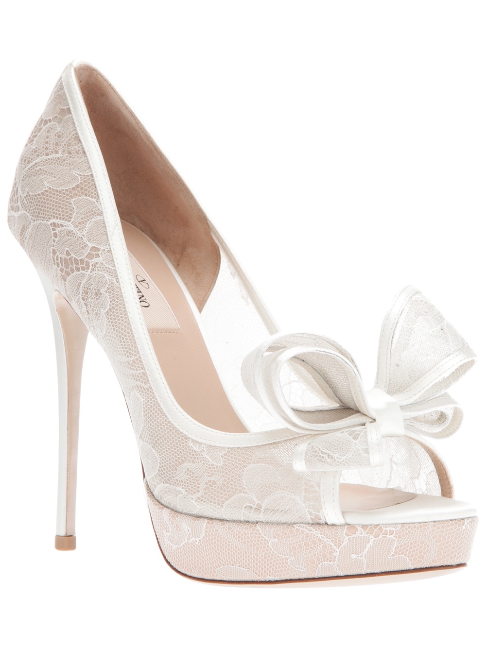 Valentino Bow Lace Pumps in White | Lyst
