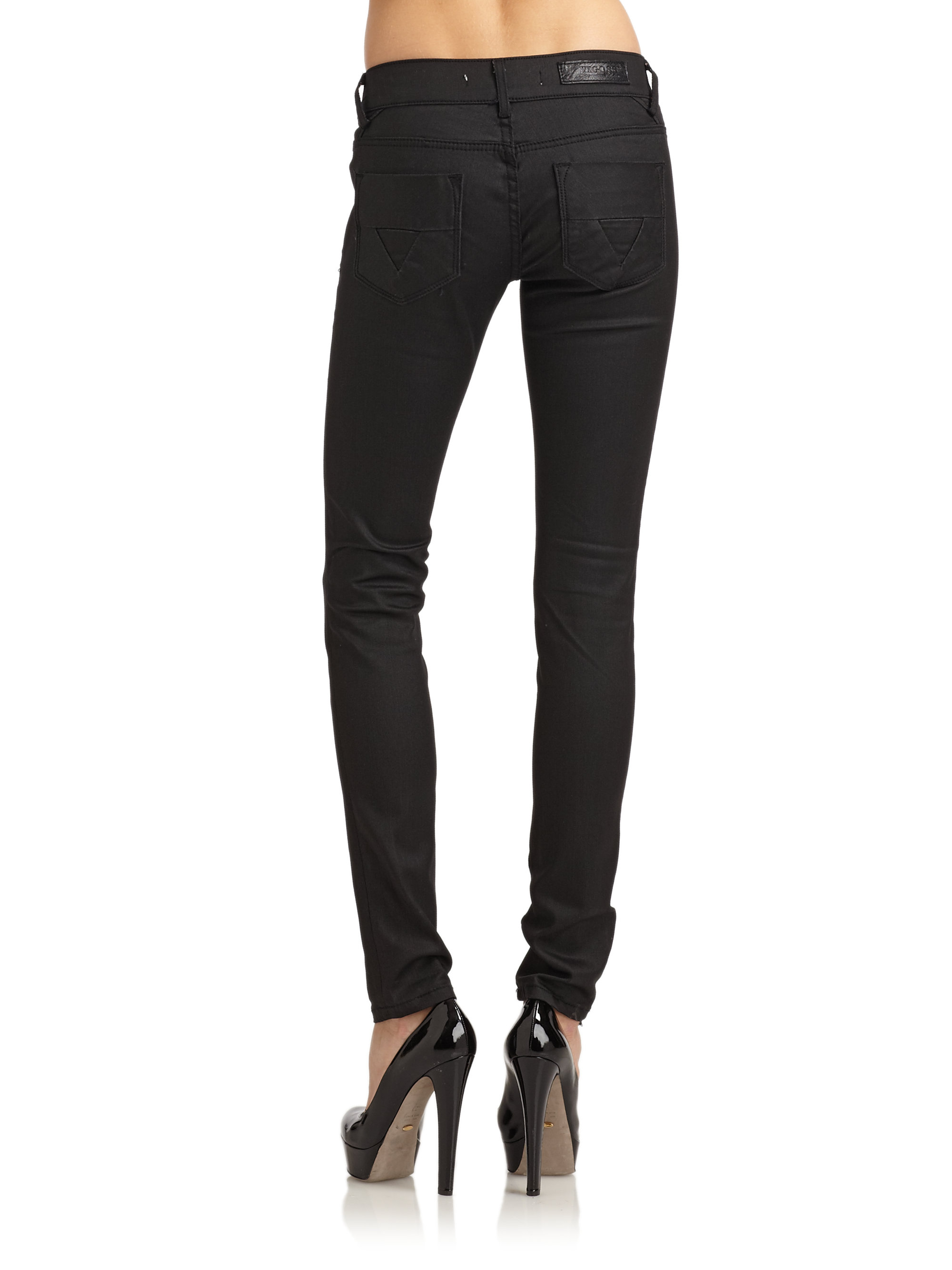 Vigoss Coated Skinny Insert V Back Pocket Jeans in Black - Lyst