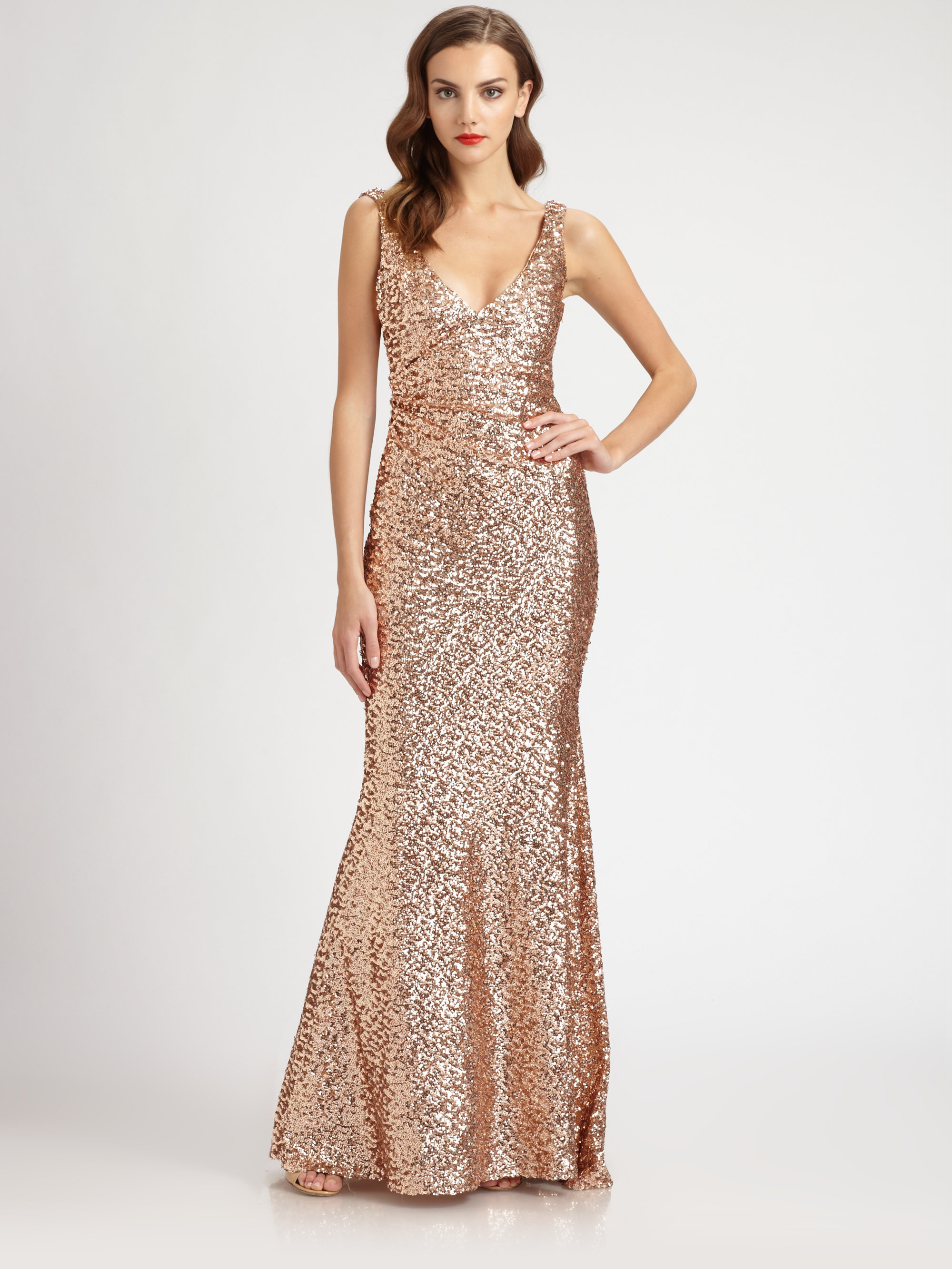 Badgley Mischka Sequined Gown in Bronze (Metallic) Lyst