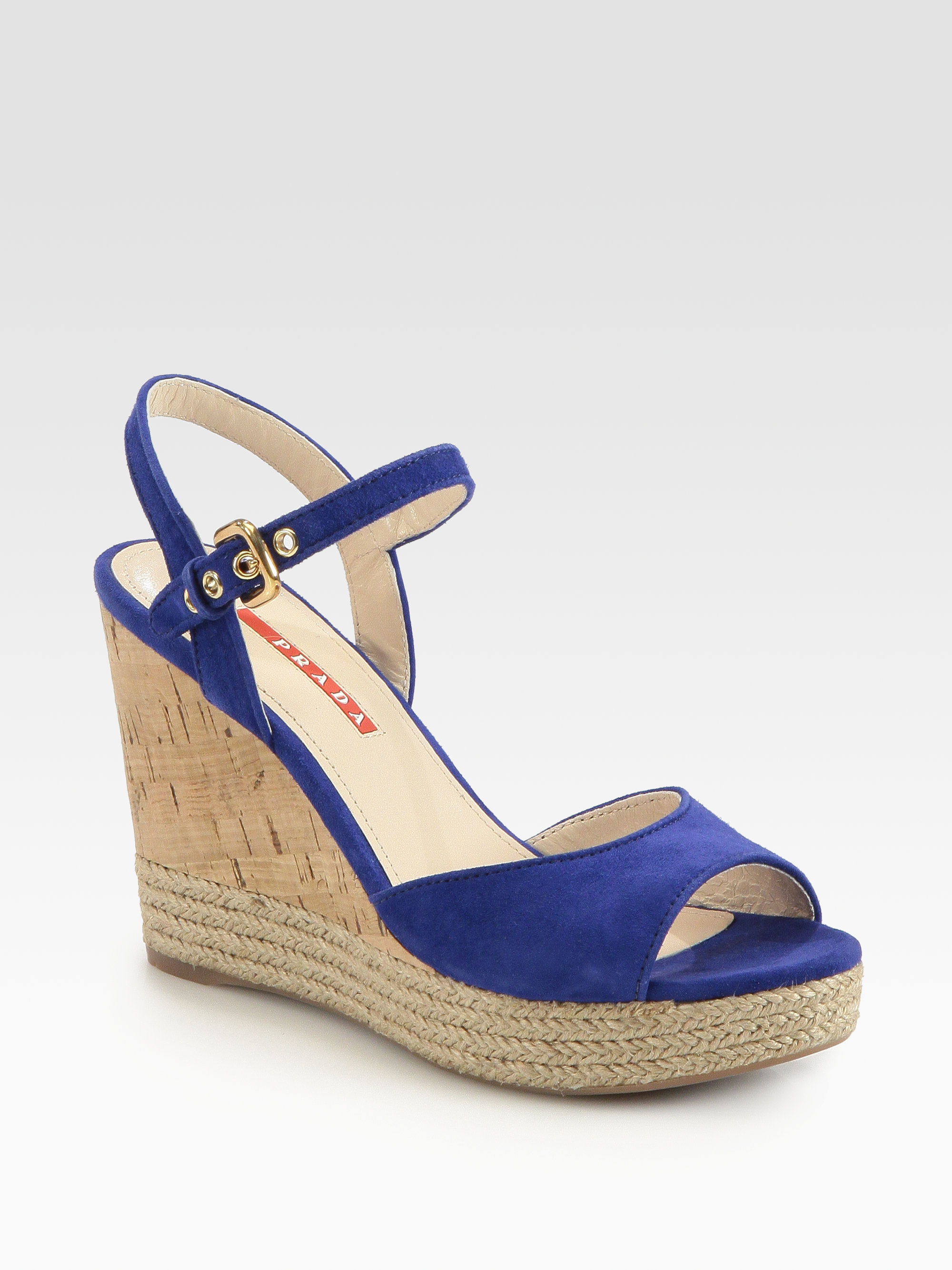 Prada Suede Cork Wedge Sandals in Blue - Lyst