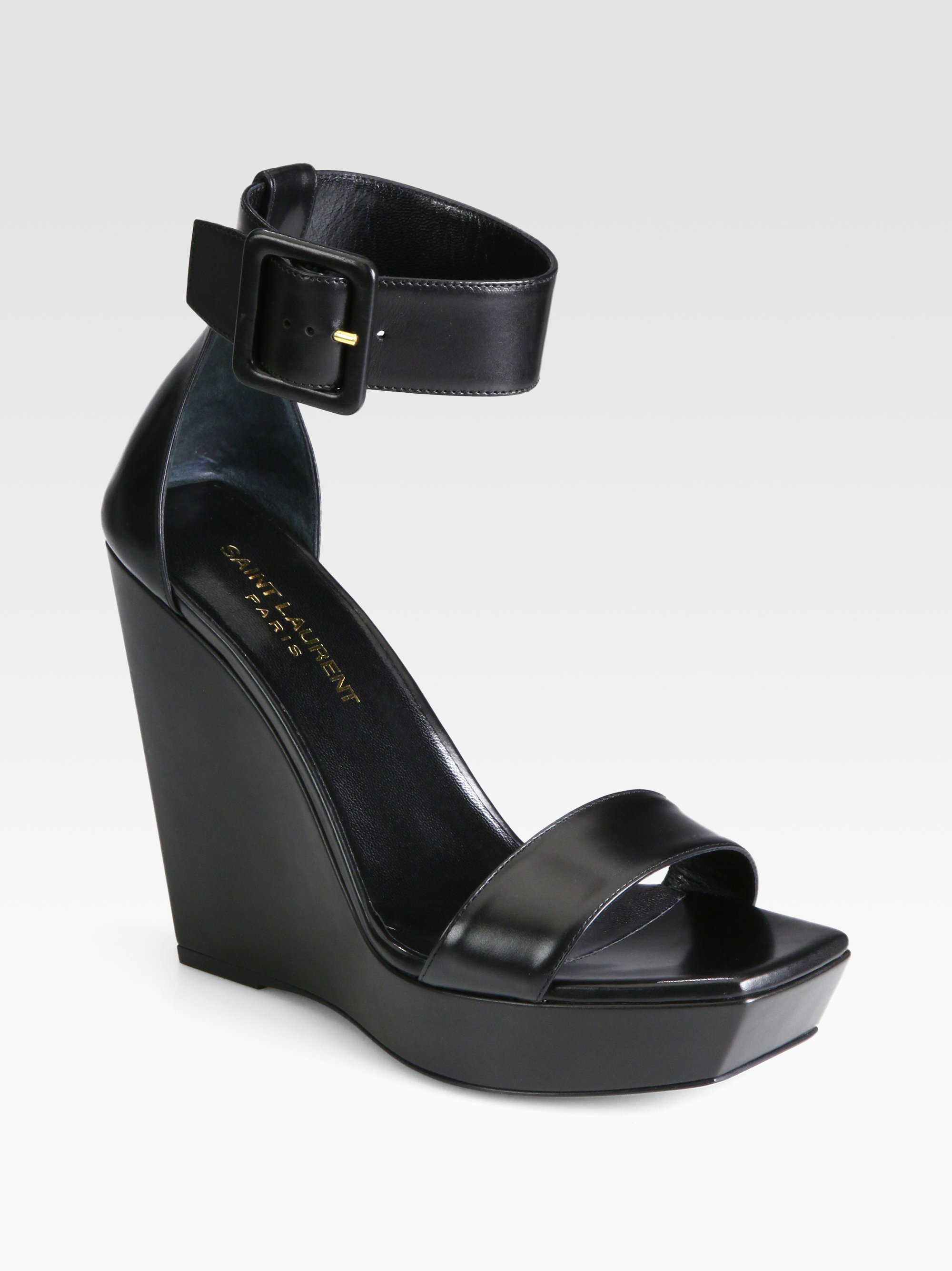 Saint Laurent Leather Ankle Strap  Wedge  Sandals  in Black Lyst
