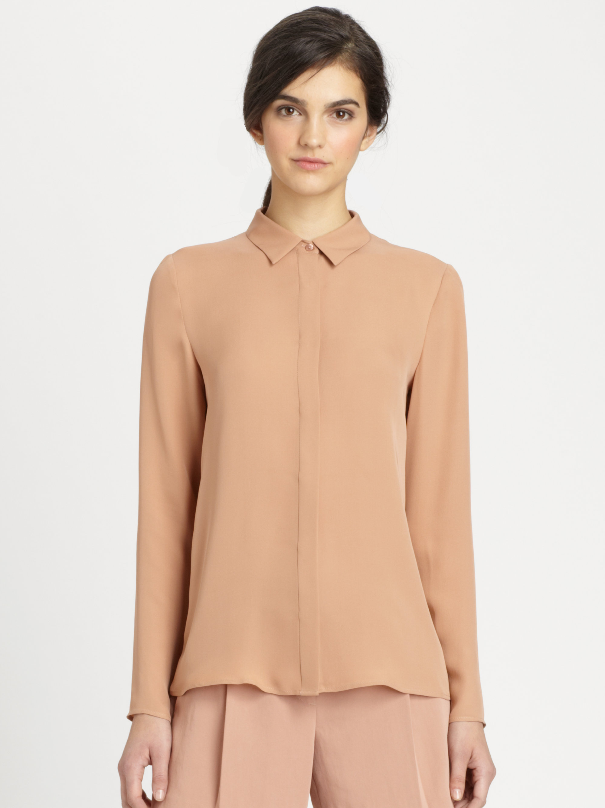 Theory Sirma Silk Blouse in Beige (copper nude) | Lyst