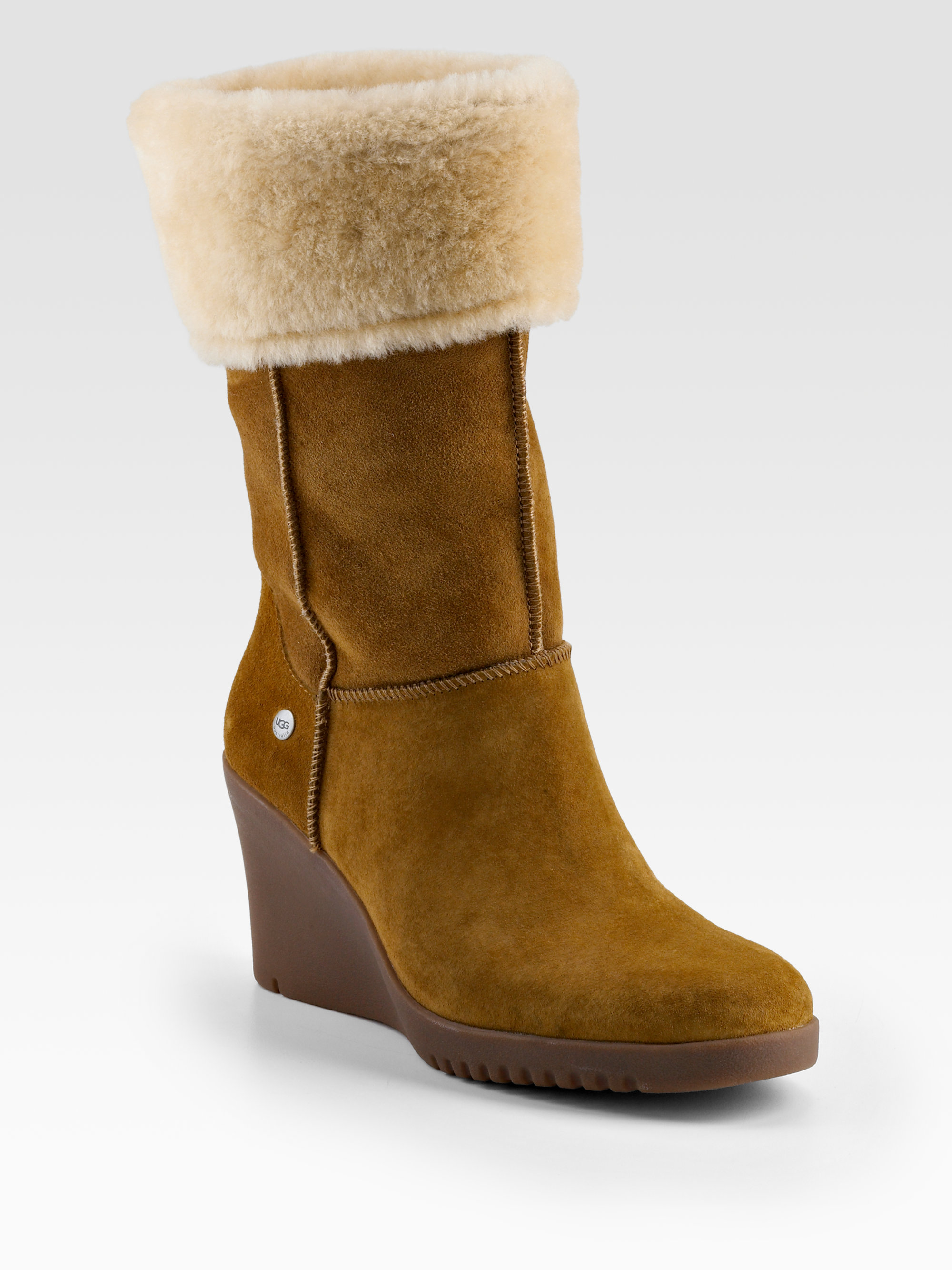 UGG Shearling Cuff Suede Wedge Boots in Brown | Lyst