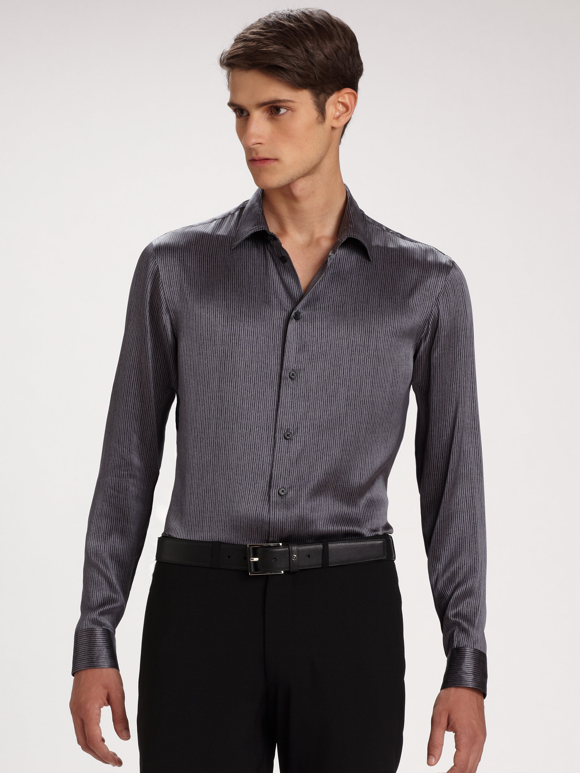 Armani Striped Silk Shirt in Gray for Men | Lyst