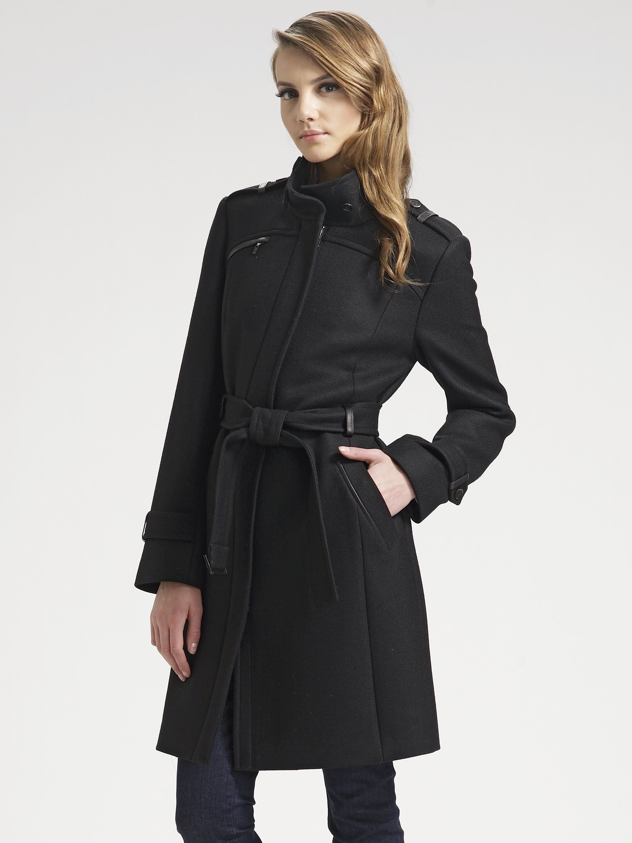 Lyst - Cole haan Belted Wool Coat in Black