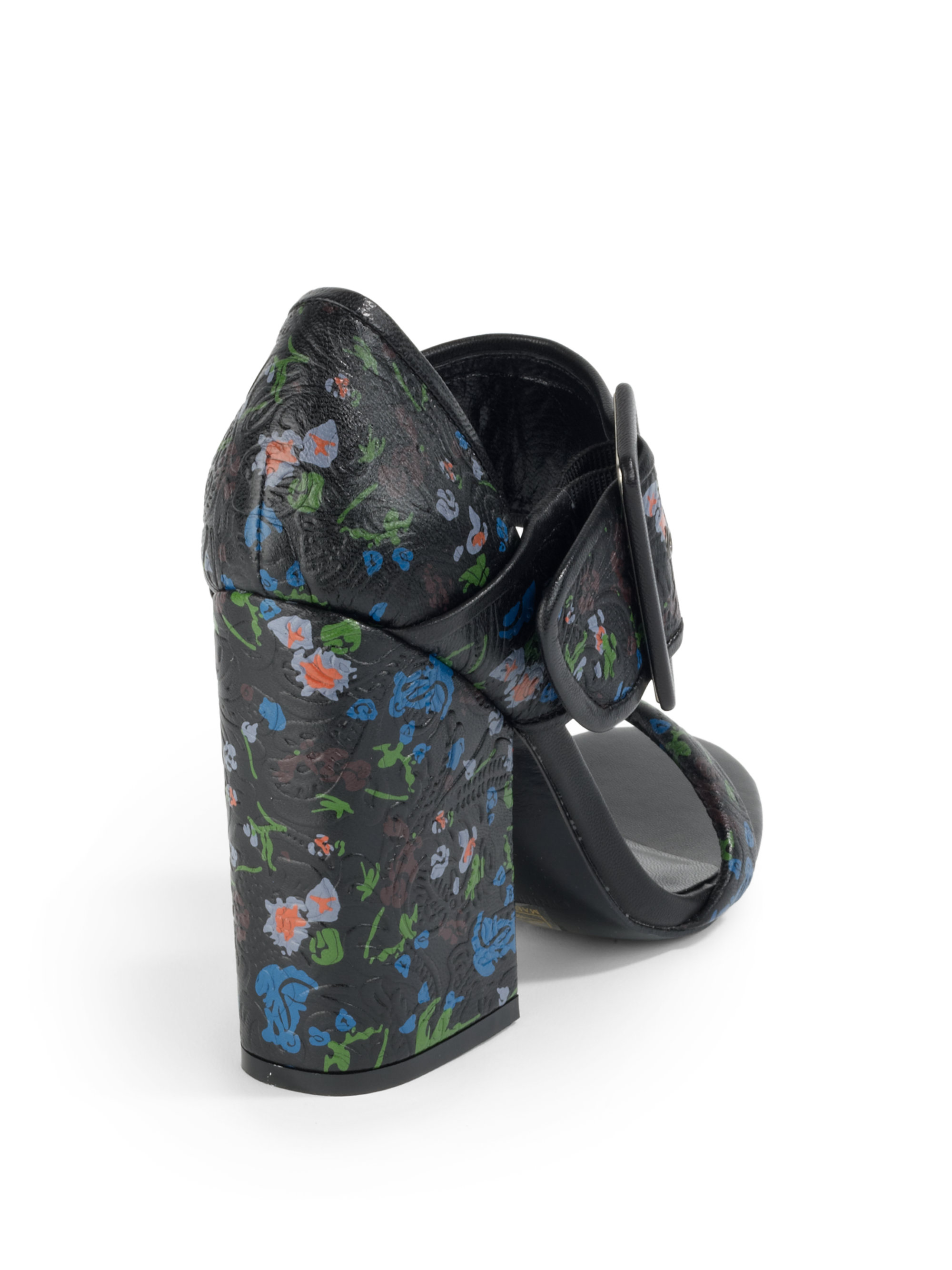 Cynthia Rowley Leather Floral Block Heel Sandals in Black