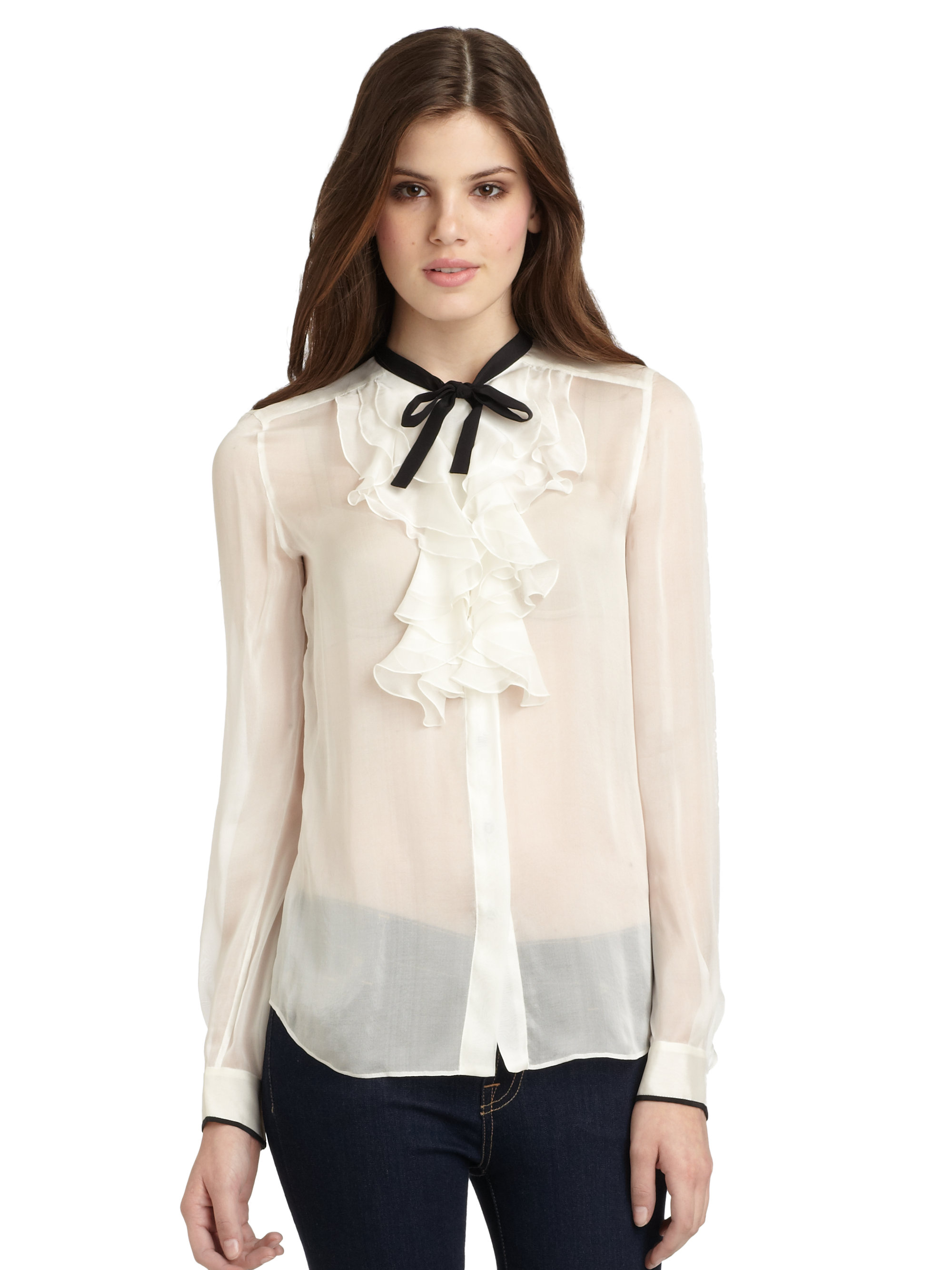 Dolce & Gabbana Sheer Ruffled Silk Blouse in White | Lyst