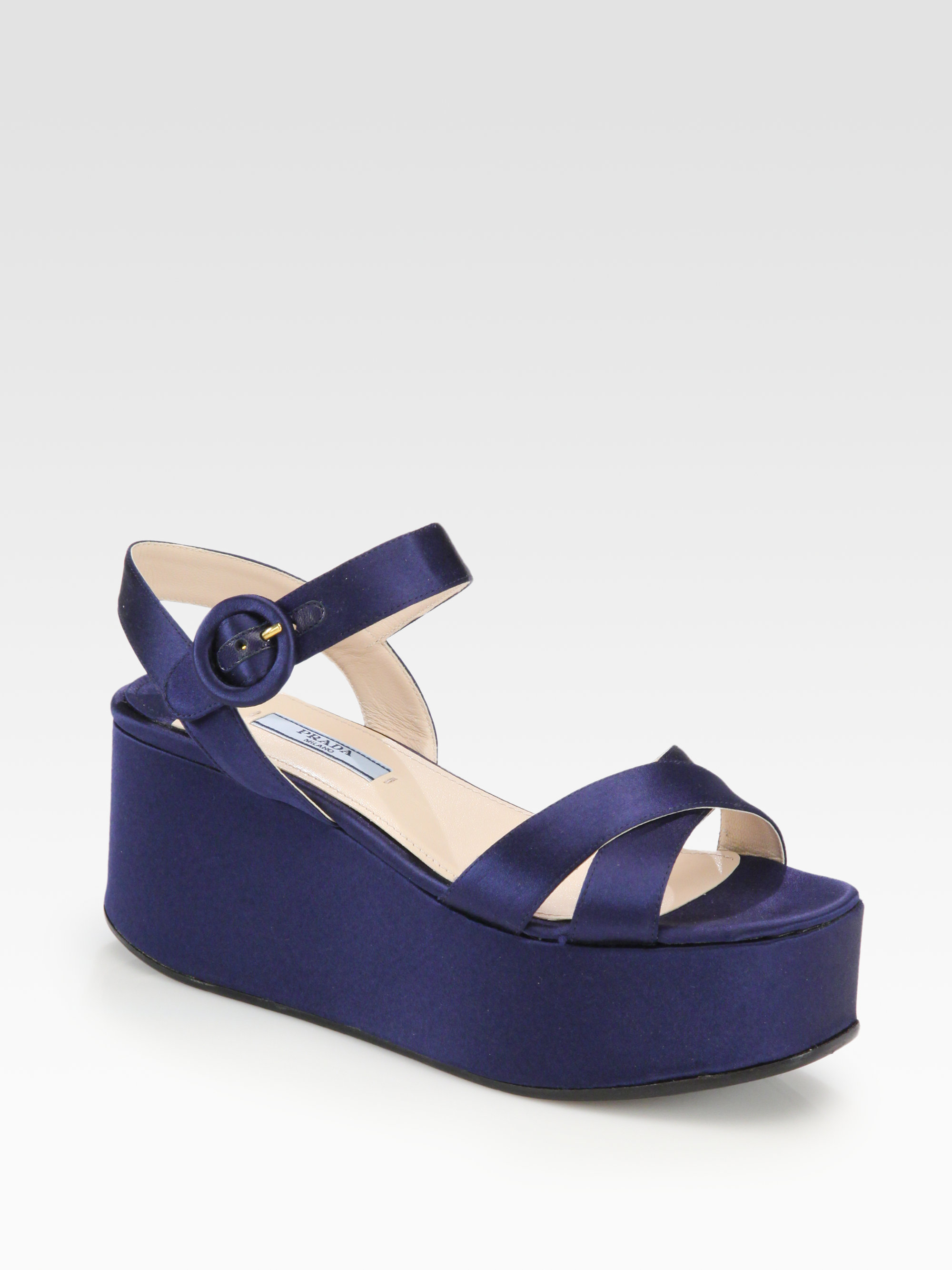 Prada Satin Platform Wedge Sandals in Blue - Lyst