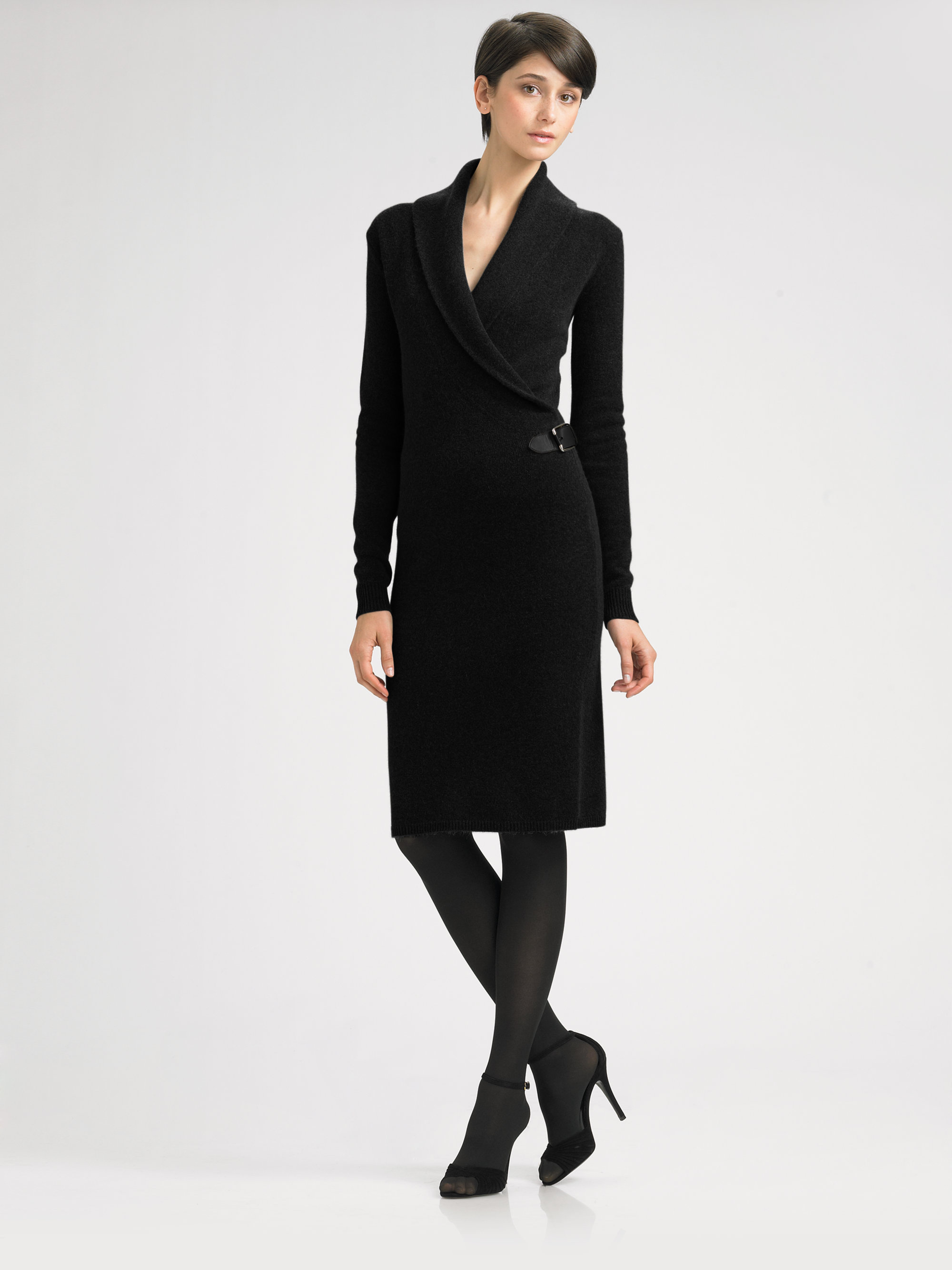 Ralph Lauren Black Label Buckle Detail Shawl Collar Dress in Black - Lyst