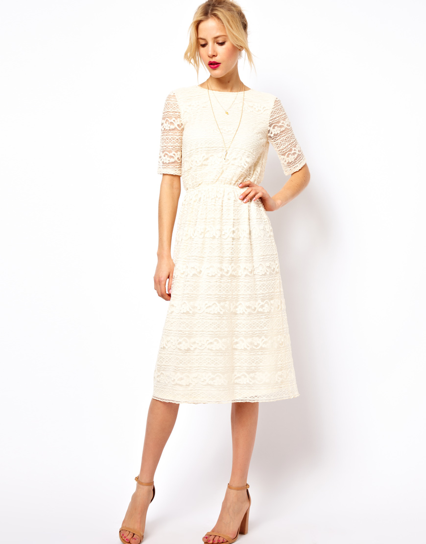 ASOS Midi Dress In Lace With Wrap Back in Green (White) - Lyst