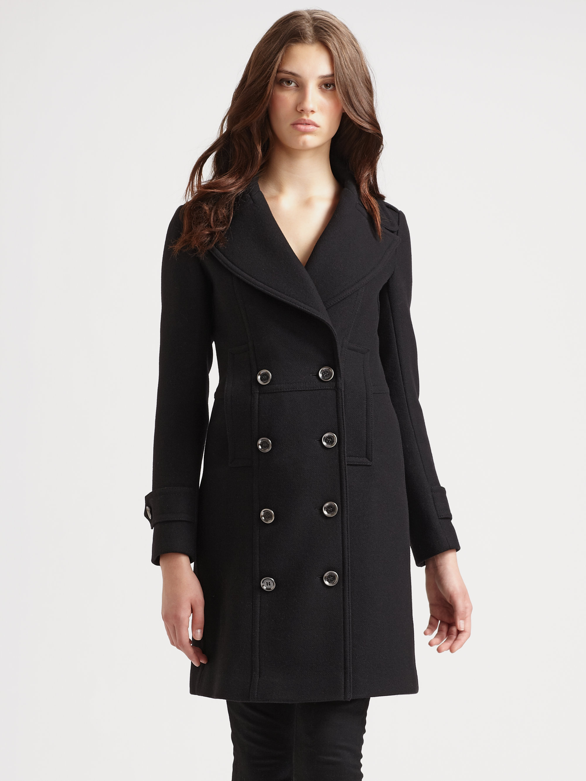 Burberry Brit Double Breasted Wool Coat in Black | Lyst