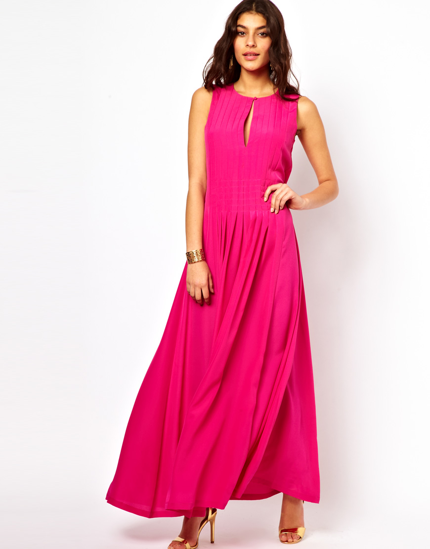 Lyst - Asos Maxi Dress with Pleat Front Detail in Pink