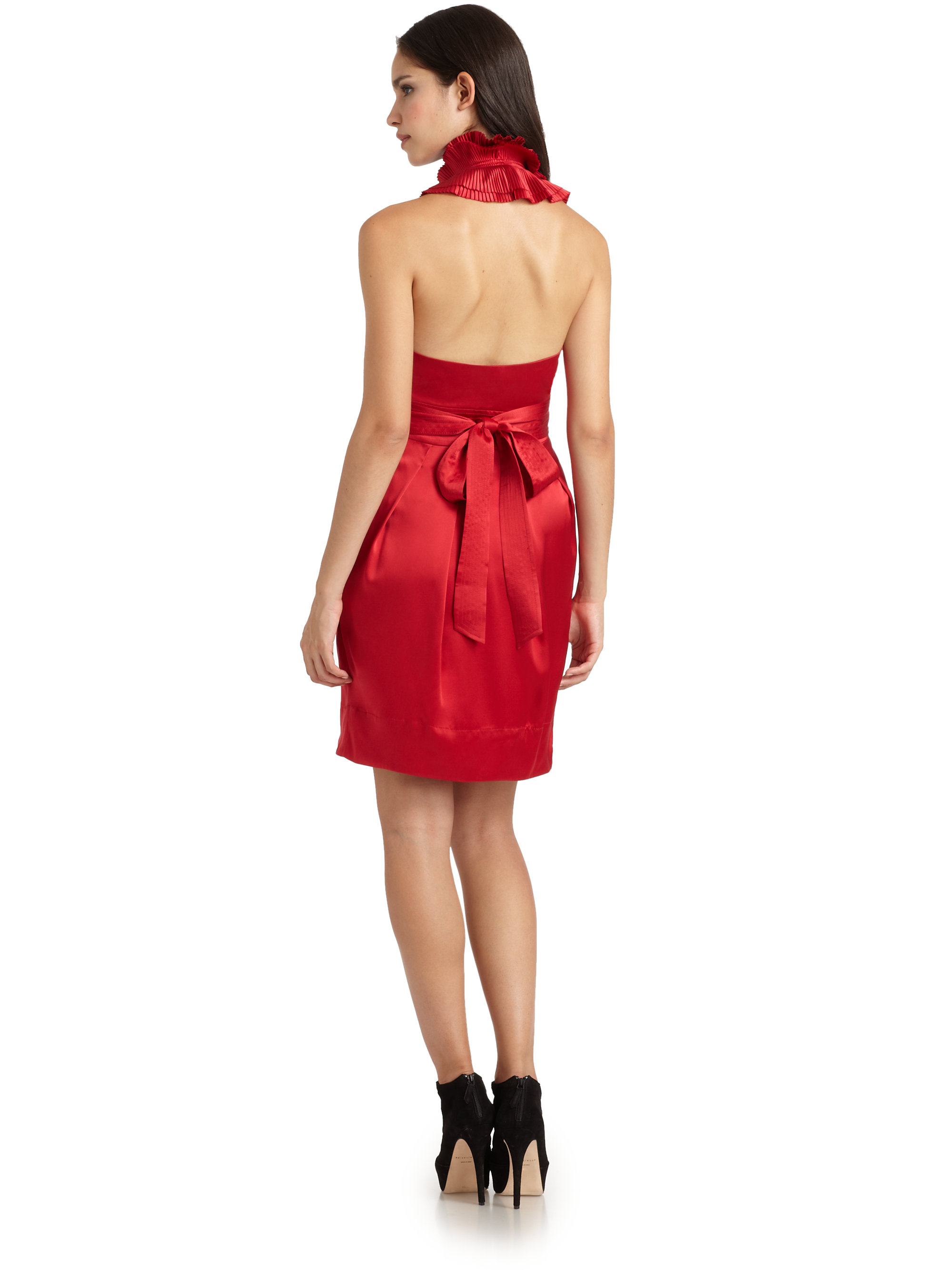 BCBGMAXAZRIA Silk Satin Ruffle Halter Dress in Red | Lyst