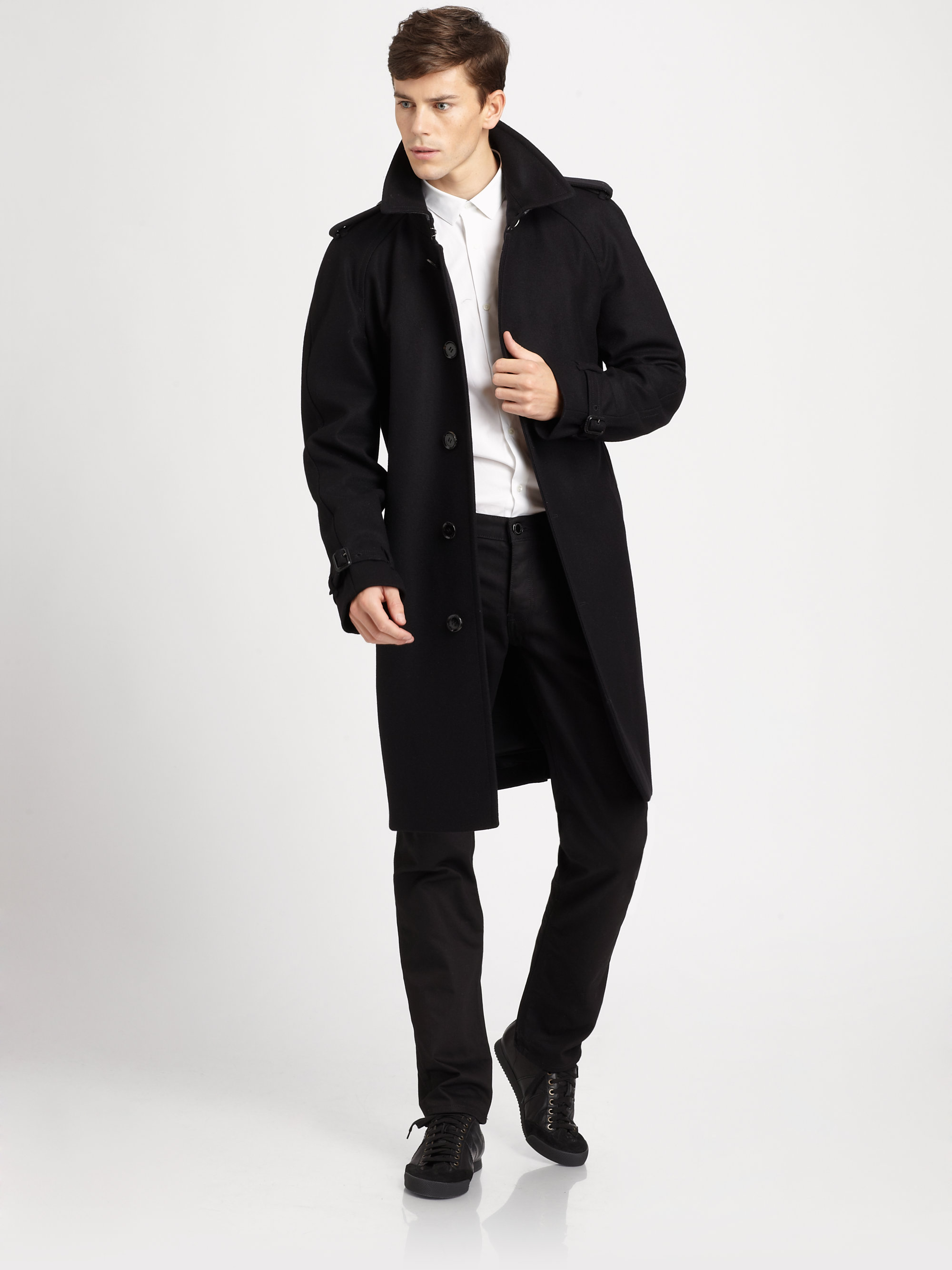 Burberry Wool Single Breasted Trench Coat in Black for Men | Lyst