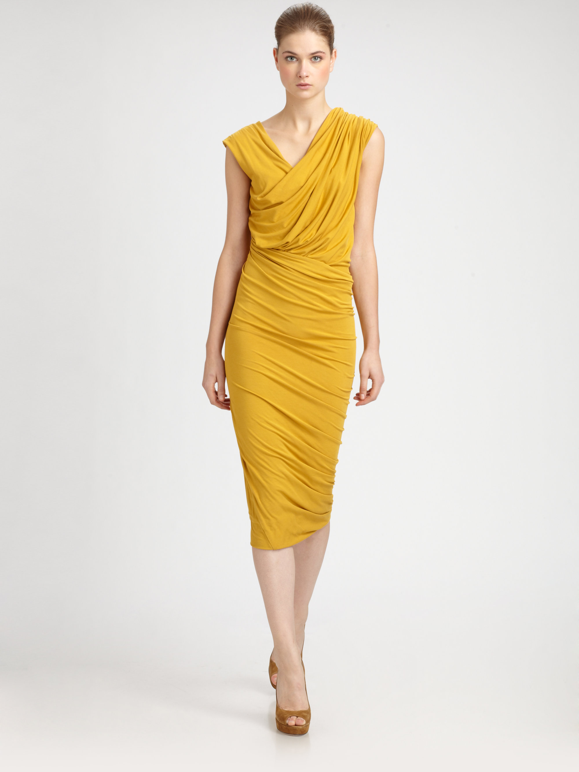 Donna Karan Twist Drape Dress In Butterscotch Yellow Lyst