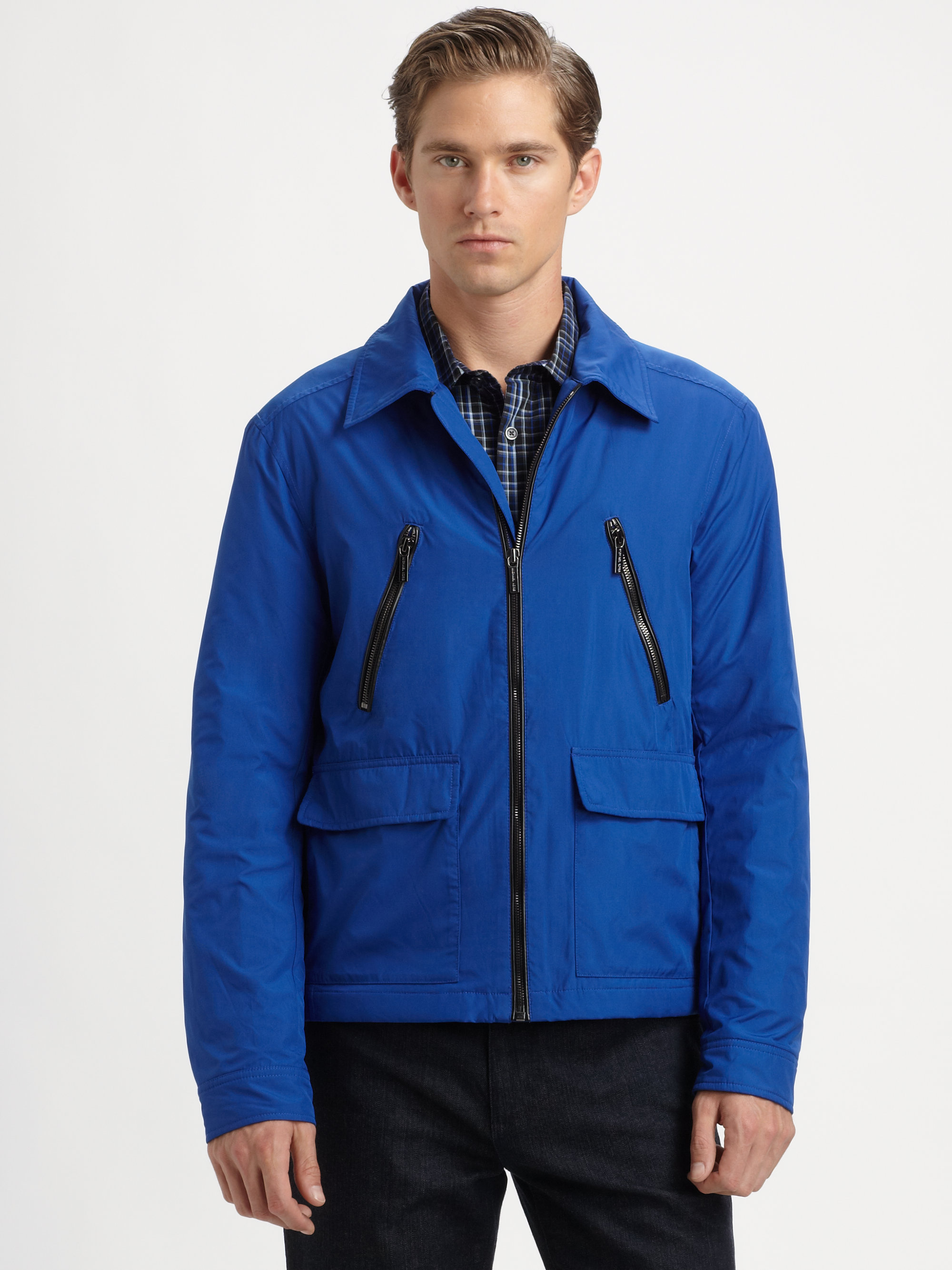 Lyst Michael Kors Leather Trimmed Bomber Jacket in Blue for Men