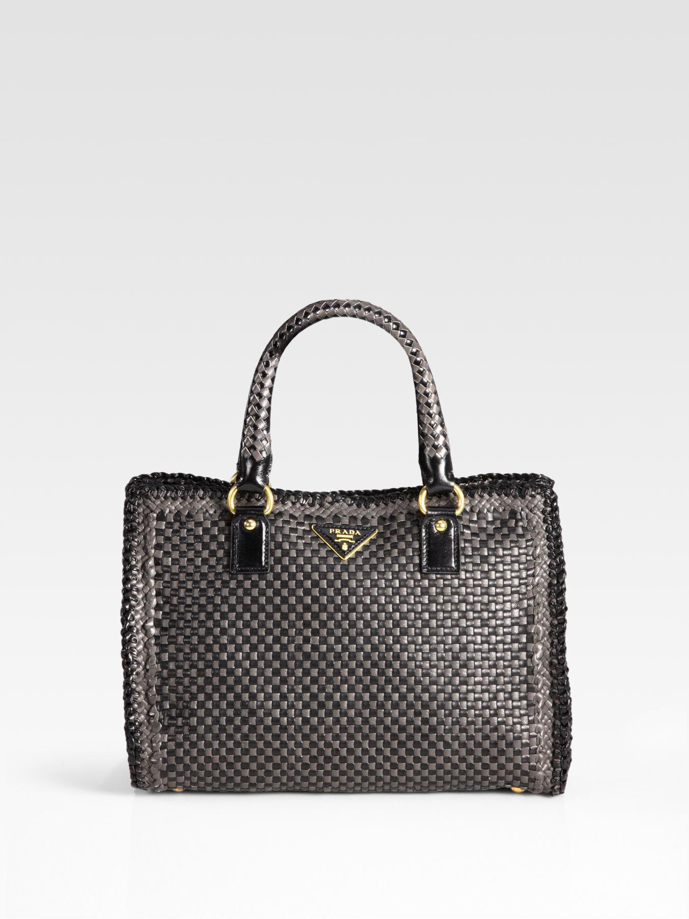 Prada Madras Double Handle Small Tote Bag in Gray (grey-brown) | Lyst