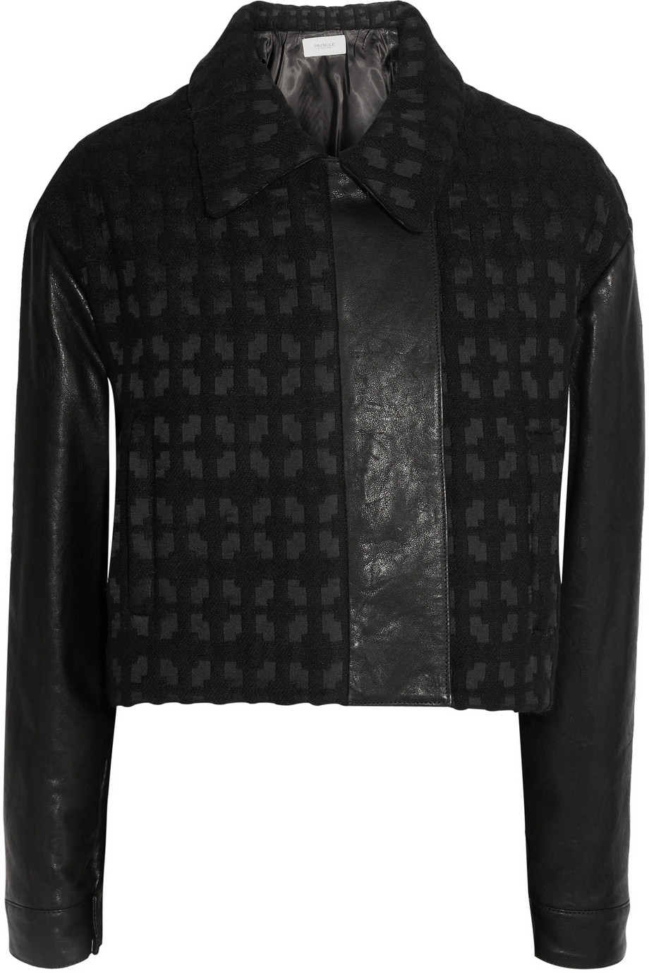 Pringle of scotland Leather Sleeved Jacquard Jacket in Black Lyst