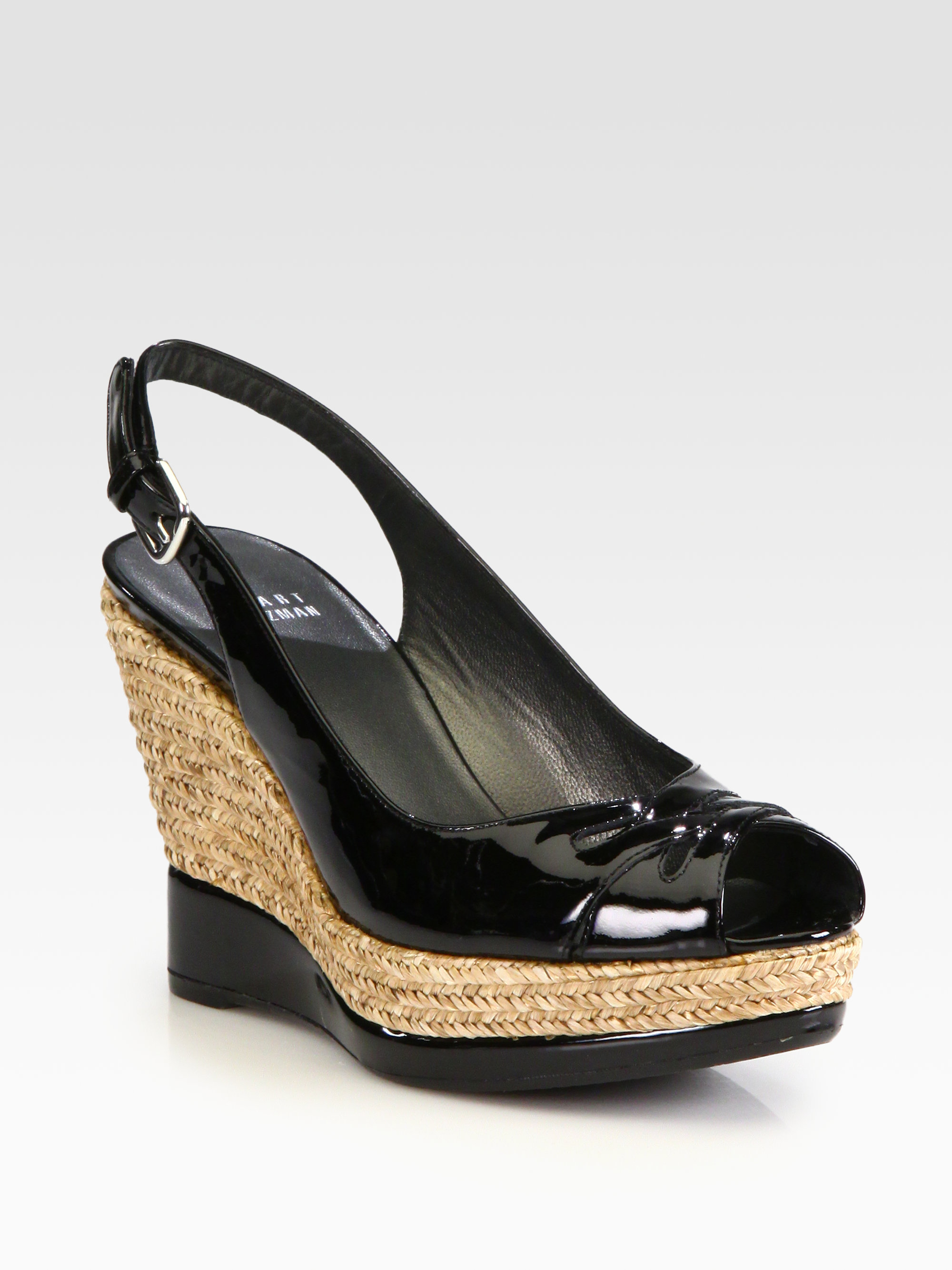 Stuart Weitzman Dolunch Patent Leather Espadrille Wedge Pumps in Black ...