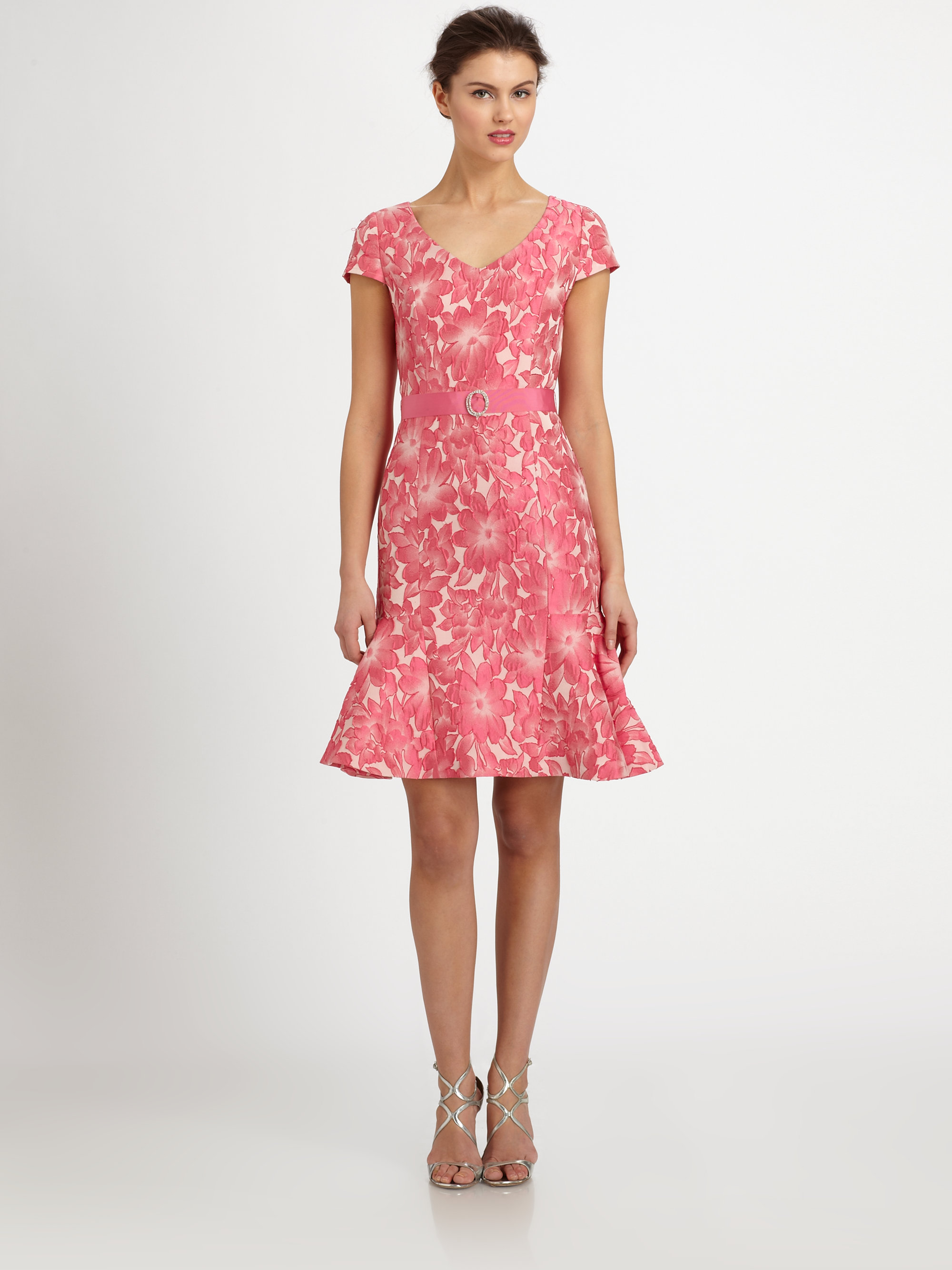 Teri Jon Belted Floralprint Dress in Pink | Lyst