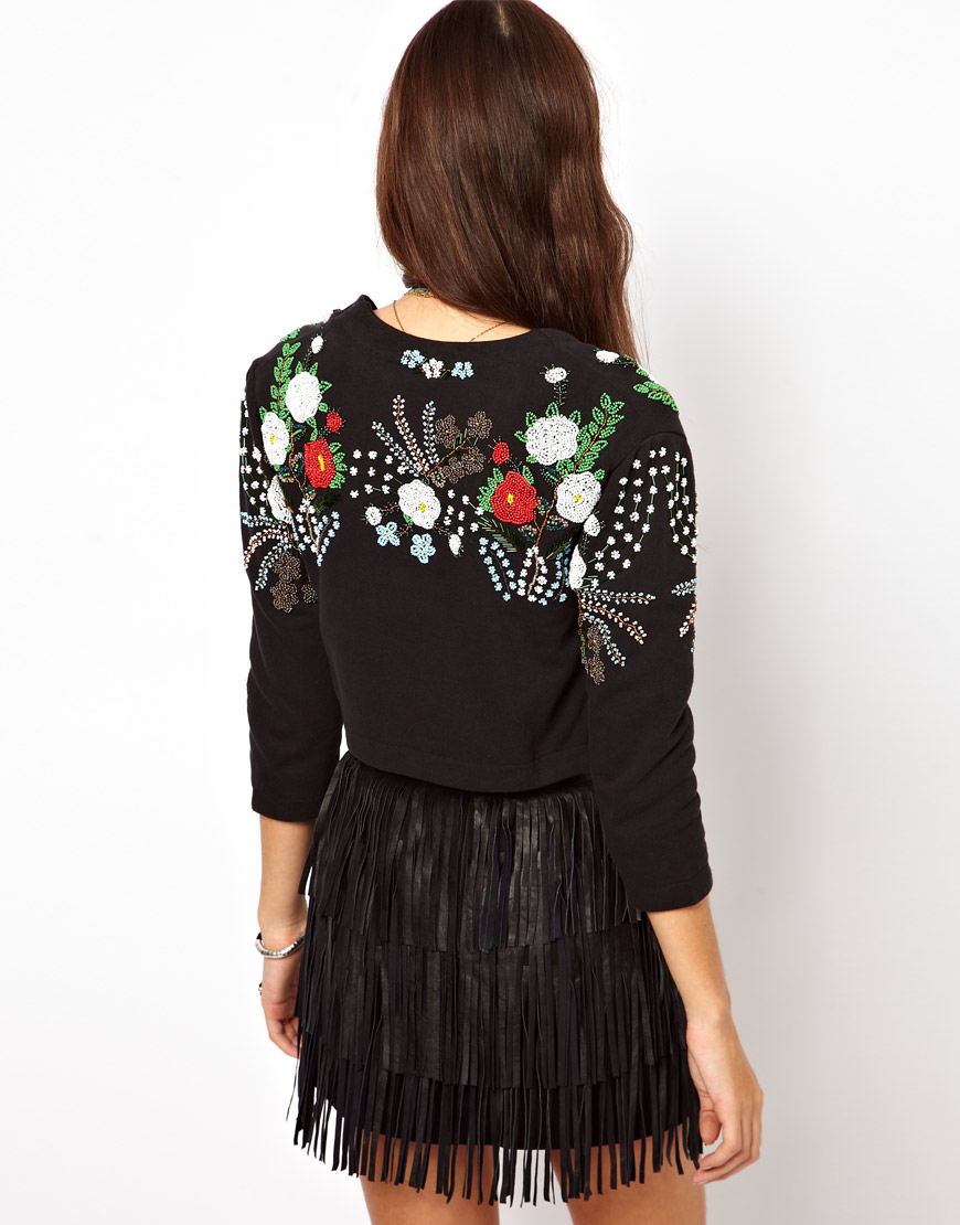 ASOS Cropped Jacket with Beaded Floral Embellishment in Black | Lyst