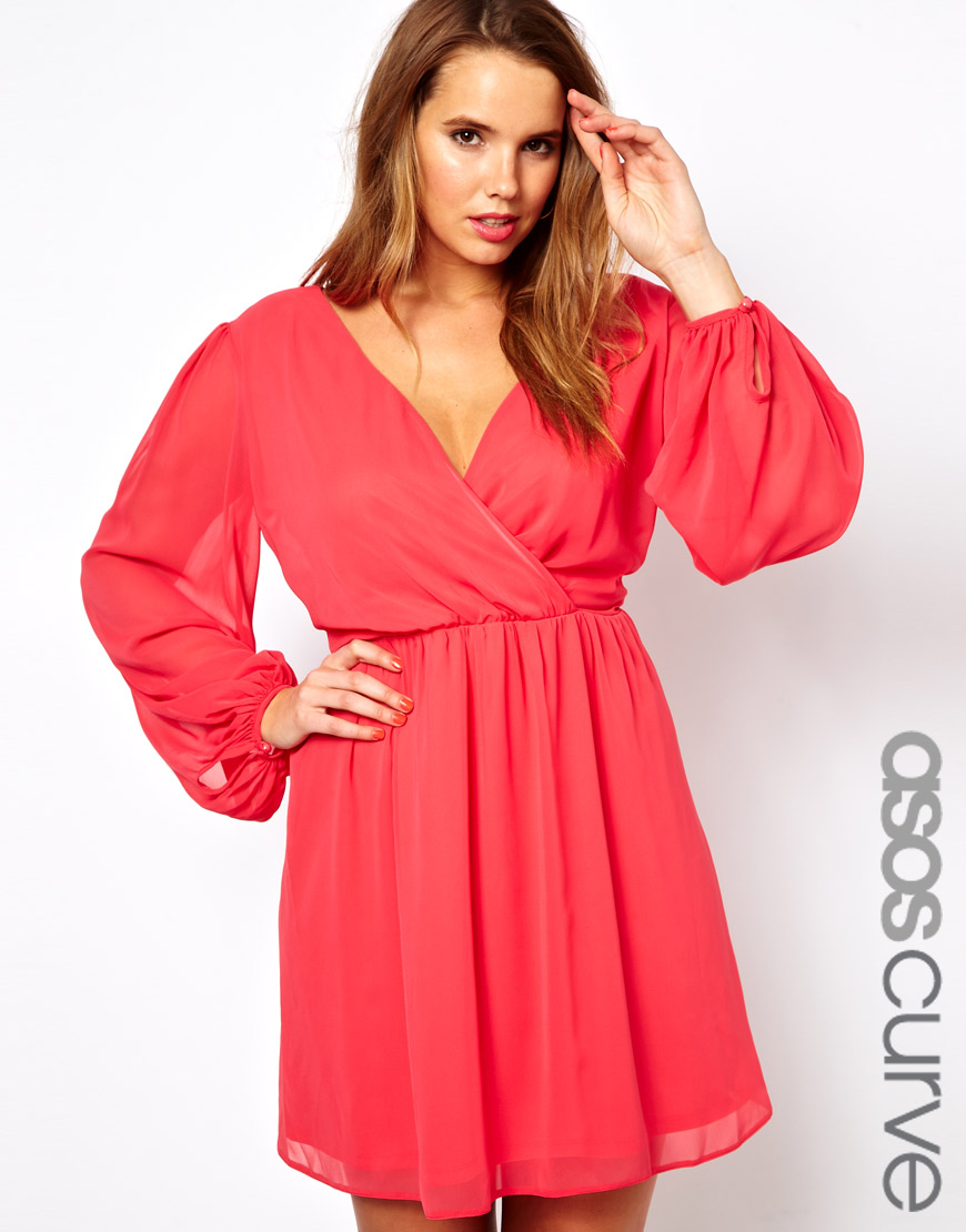 ASOS Curve Wrap Dress with Blouson Sleeve and Lace in Red - Lyst