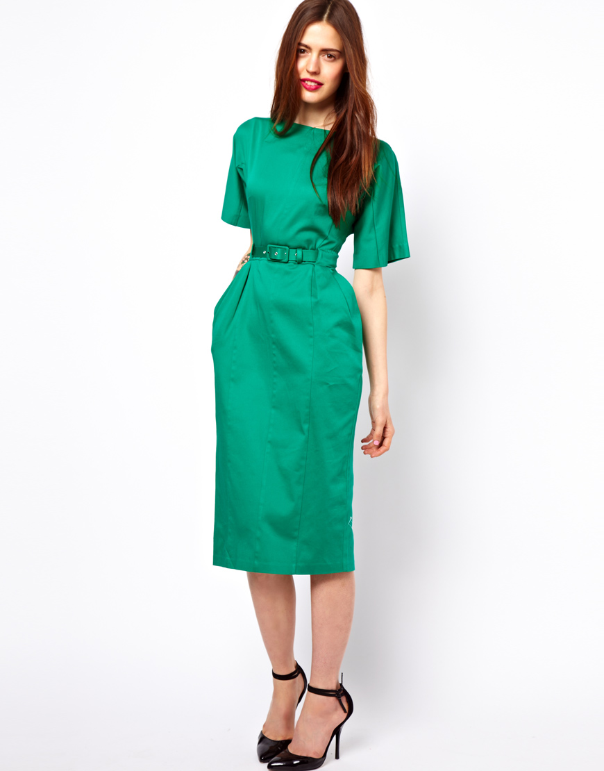 Lyst - Asos Wiggle Dress with Belt in Green