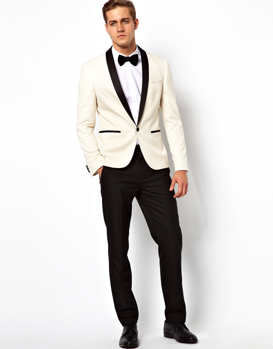 Comment ça marche? Good Quality River Island skinny jeans with raw hem in light wash blue Hot ASOS Slim Tuxedo Suit In White With Black Contrast Lapel -.