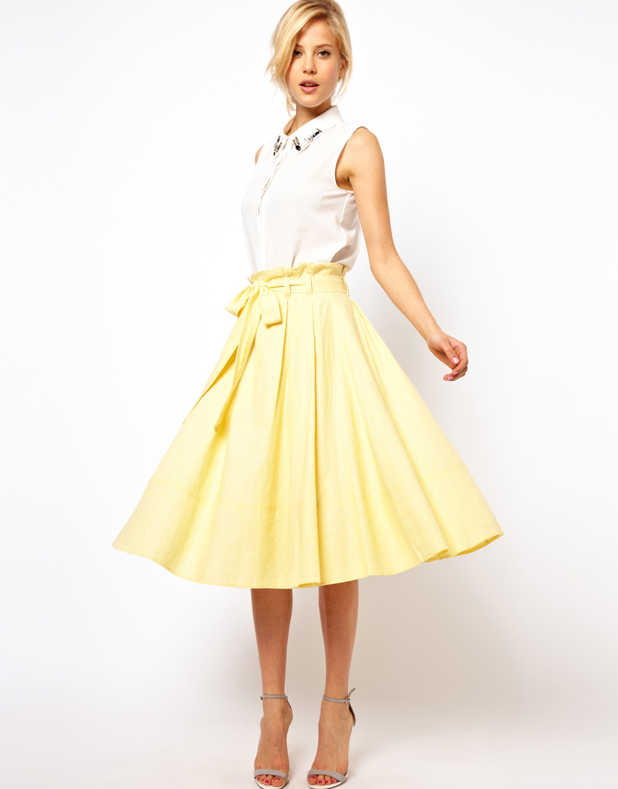 ASOS Linen Midi Skirt with Belt in Yellow - Lyst
