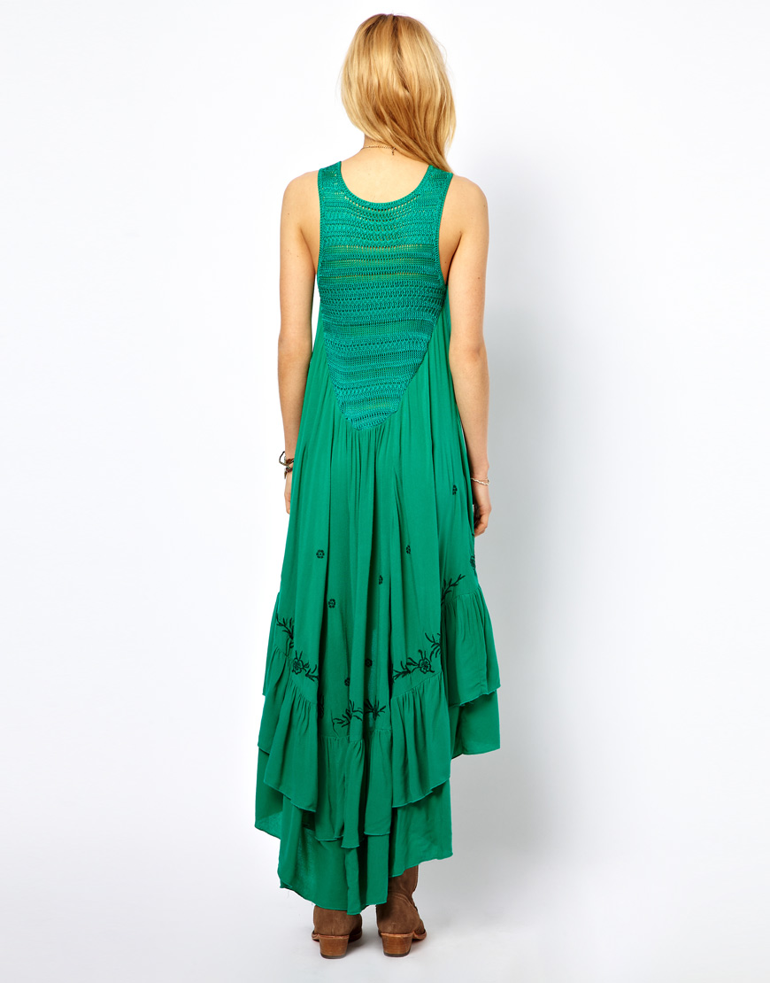 Lyst Free people Long Tiered Dress with Crochet Back Detail in Green